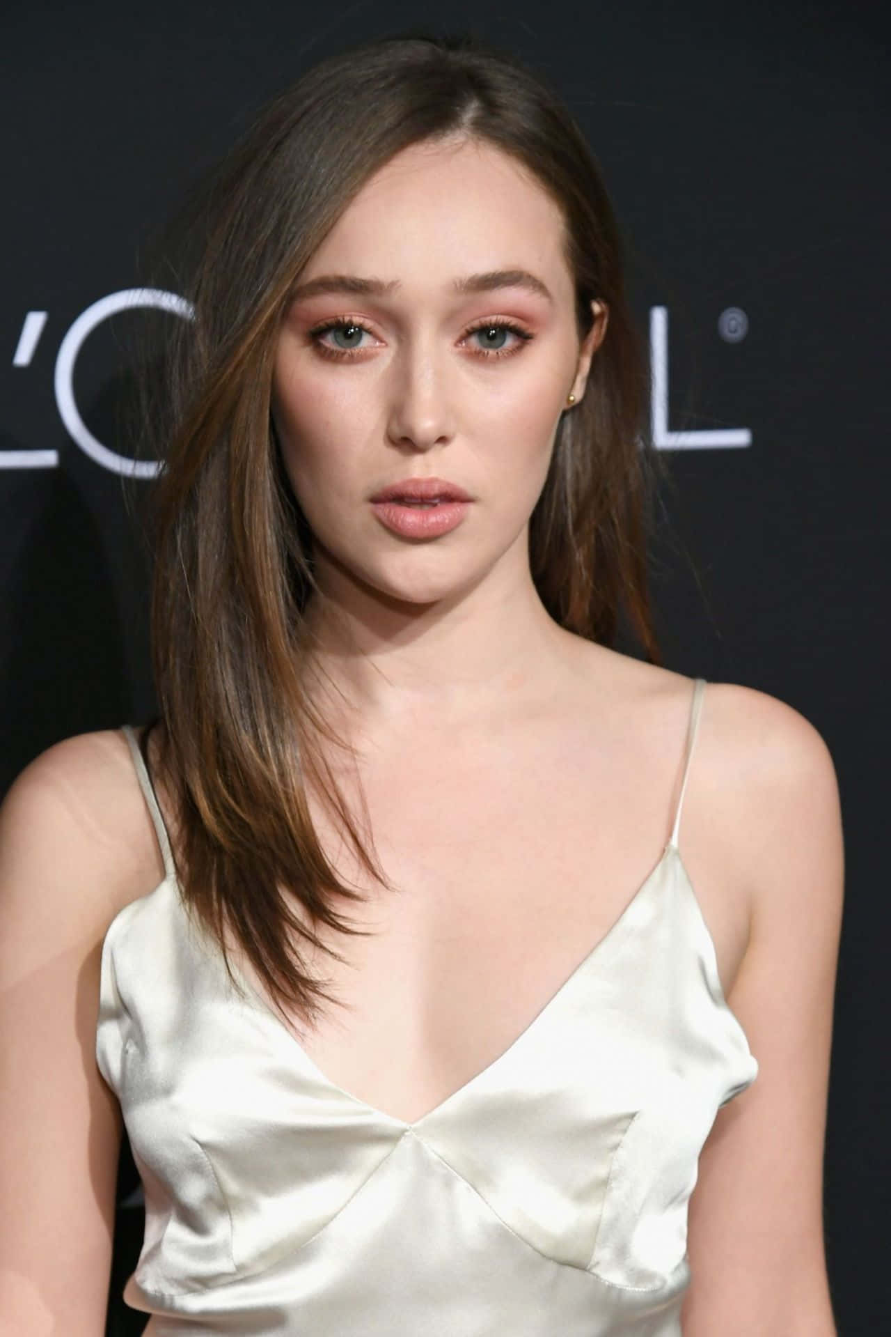 Alycia Debnam Carey, cream satin top, dark branded backdrop, HD Phone Wallpaper