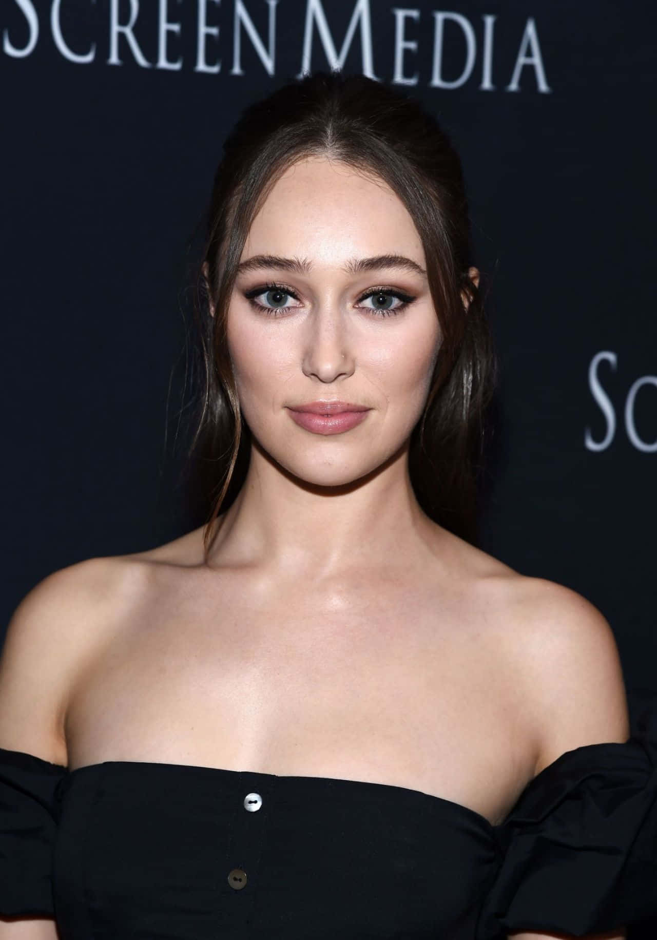 Alycia Debnam Carey, black off-shoulder dress, dark hair, HD Phone Wallpaper
