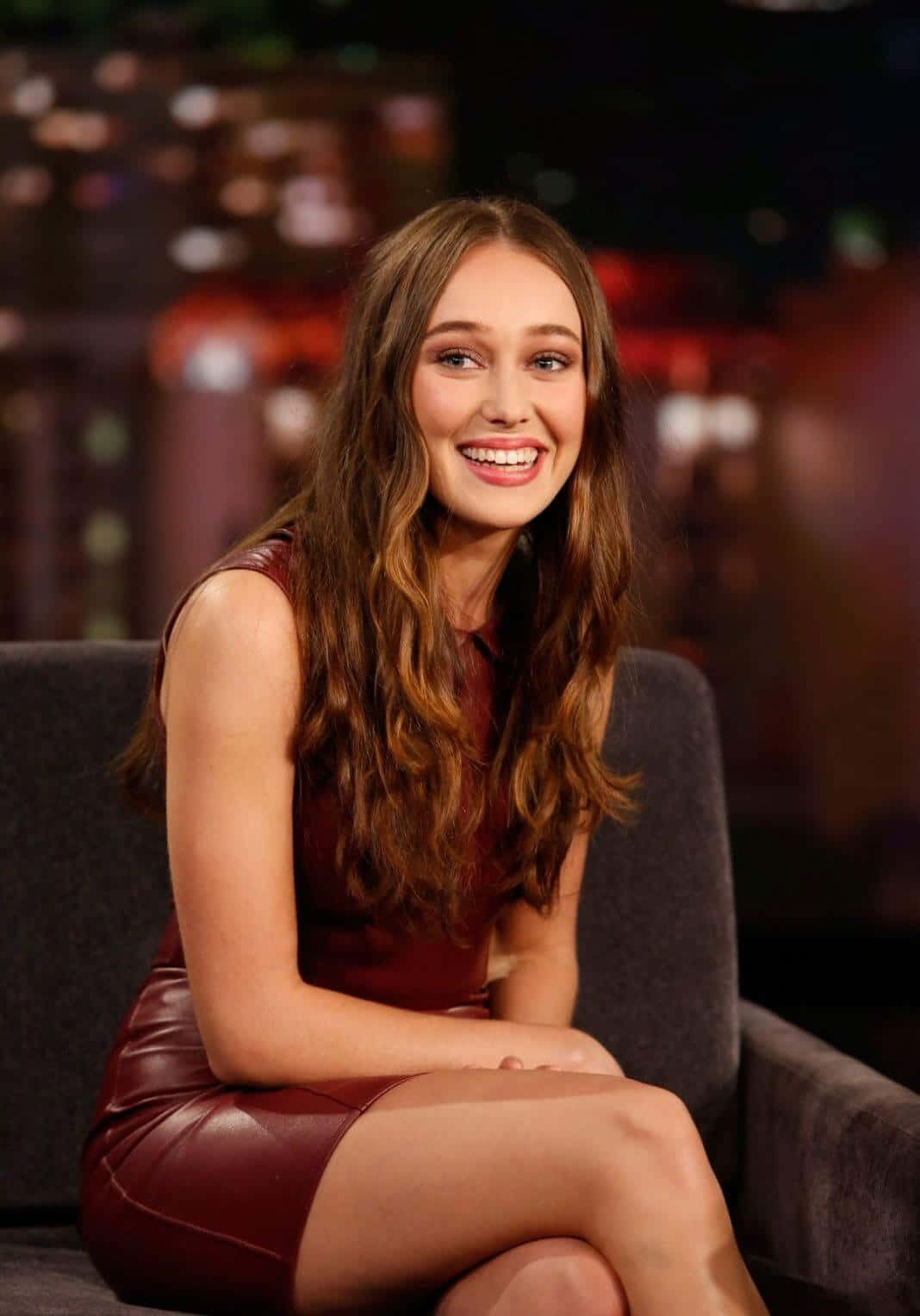 Alycia Debnam Carey, red leather dress, dark armchair, HD Phone Wallpaper
