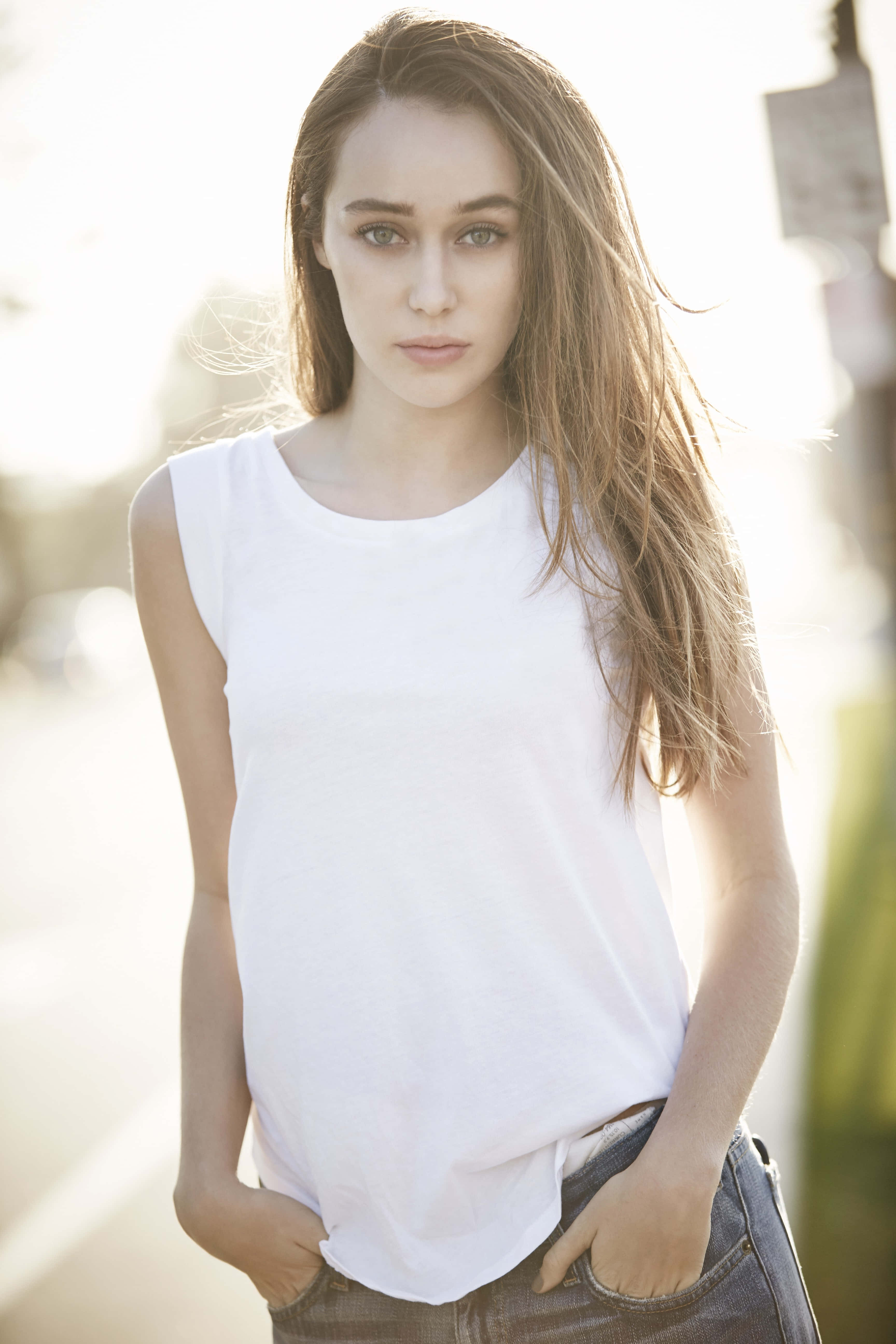 Alycia Debnam Carey, long brown hair, white tank top, 5K Phone Wallpaper