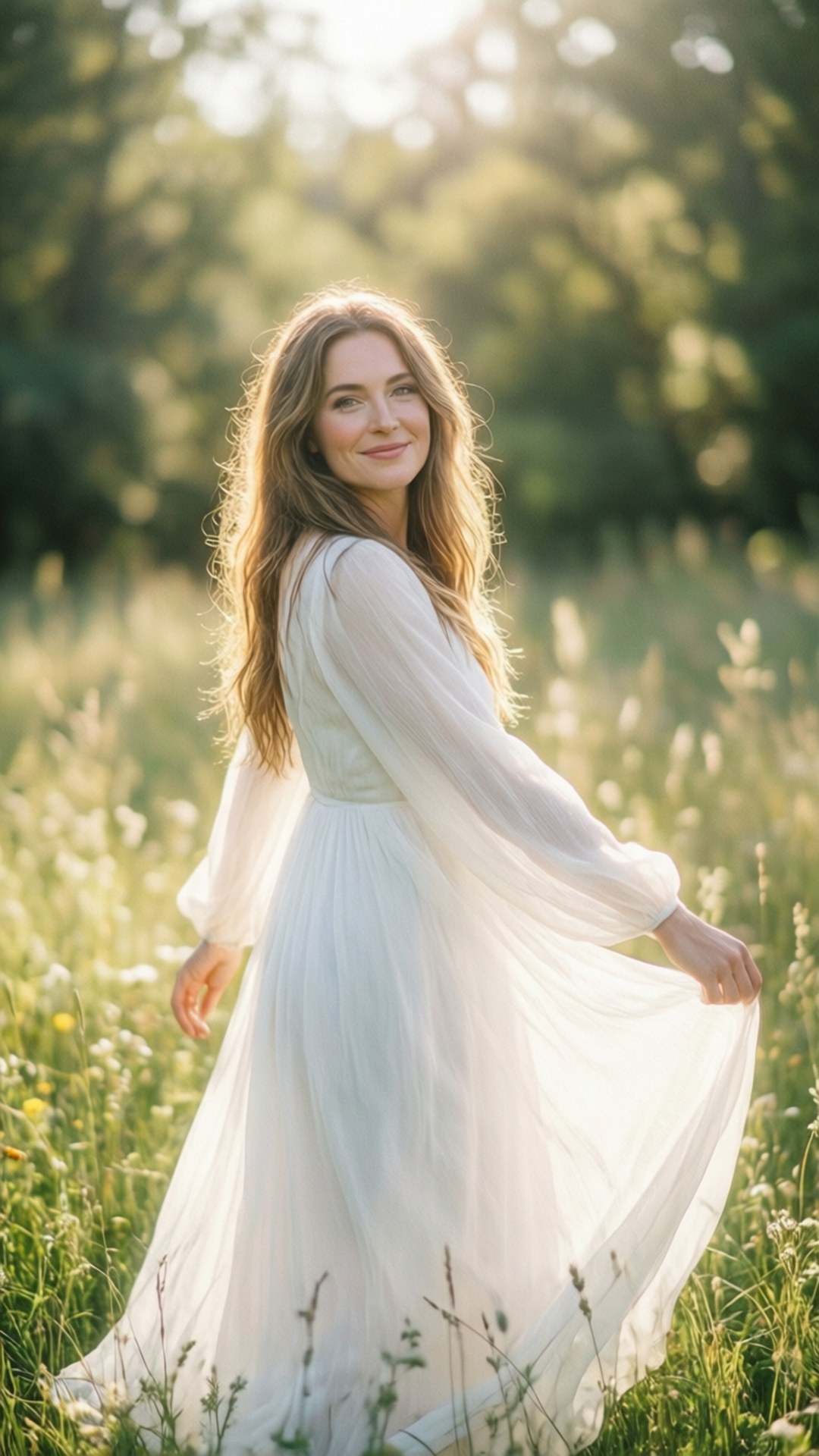 Alyssa Sutherland, sunlit meadow, Ethereal portrait, Full HD Phone Wallpaper