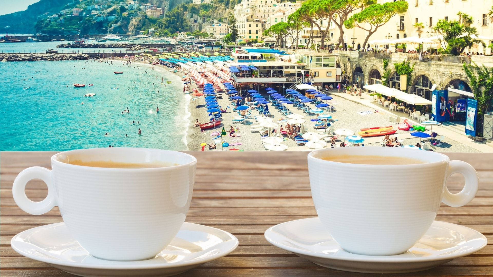 Amalfi Coast, white coffee cups, wooden table, Full HD Desktop Wallpaper