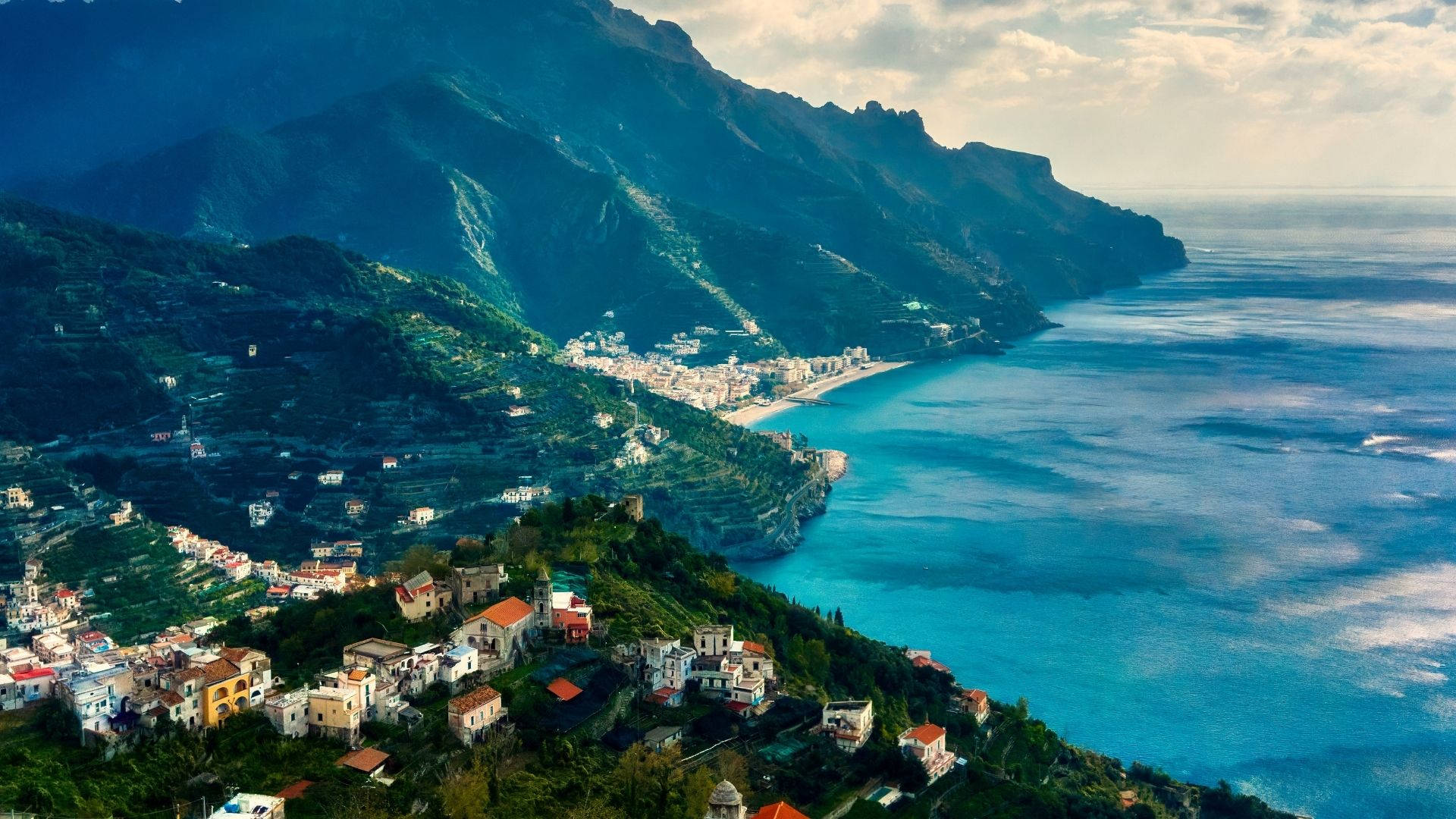 Amalfi Coast, coastal village, terraced hillsides, Full HD Desktop Wallpaper