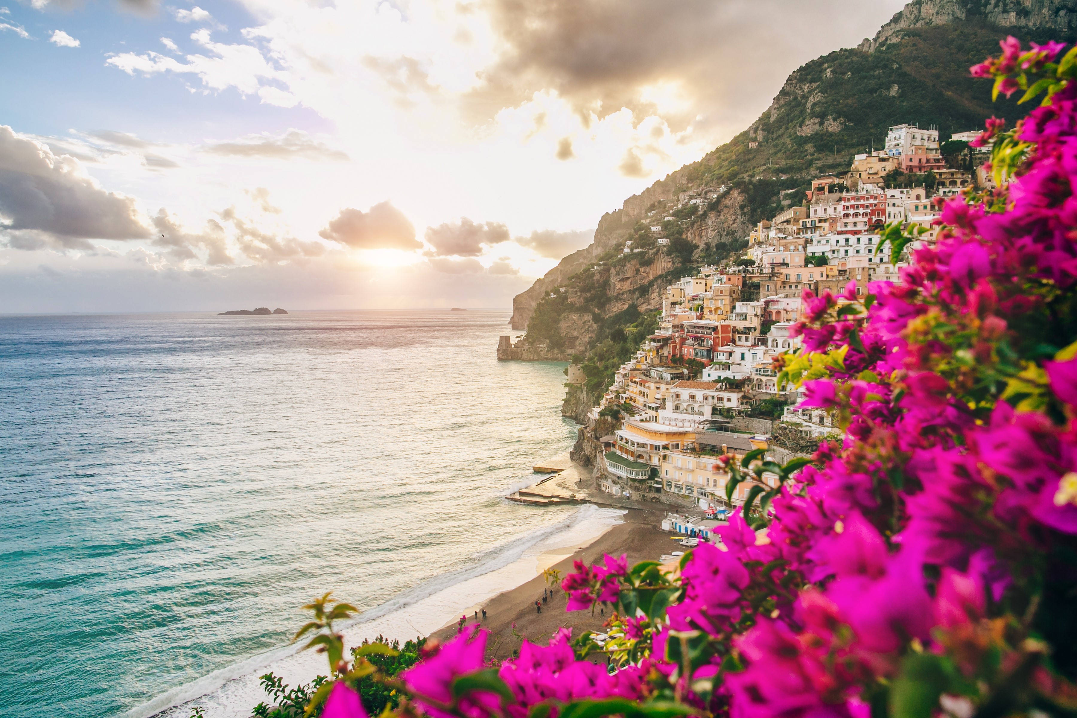 pink bougainvillea, Amalfi Coast, sunlit coastal village, 2K Desktop Wallpaper