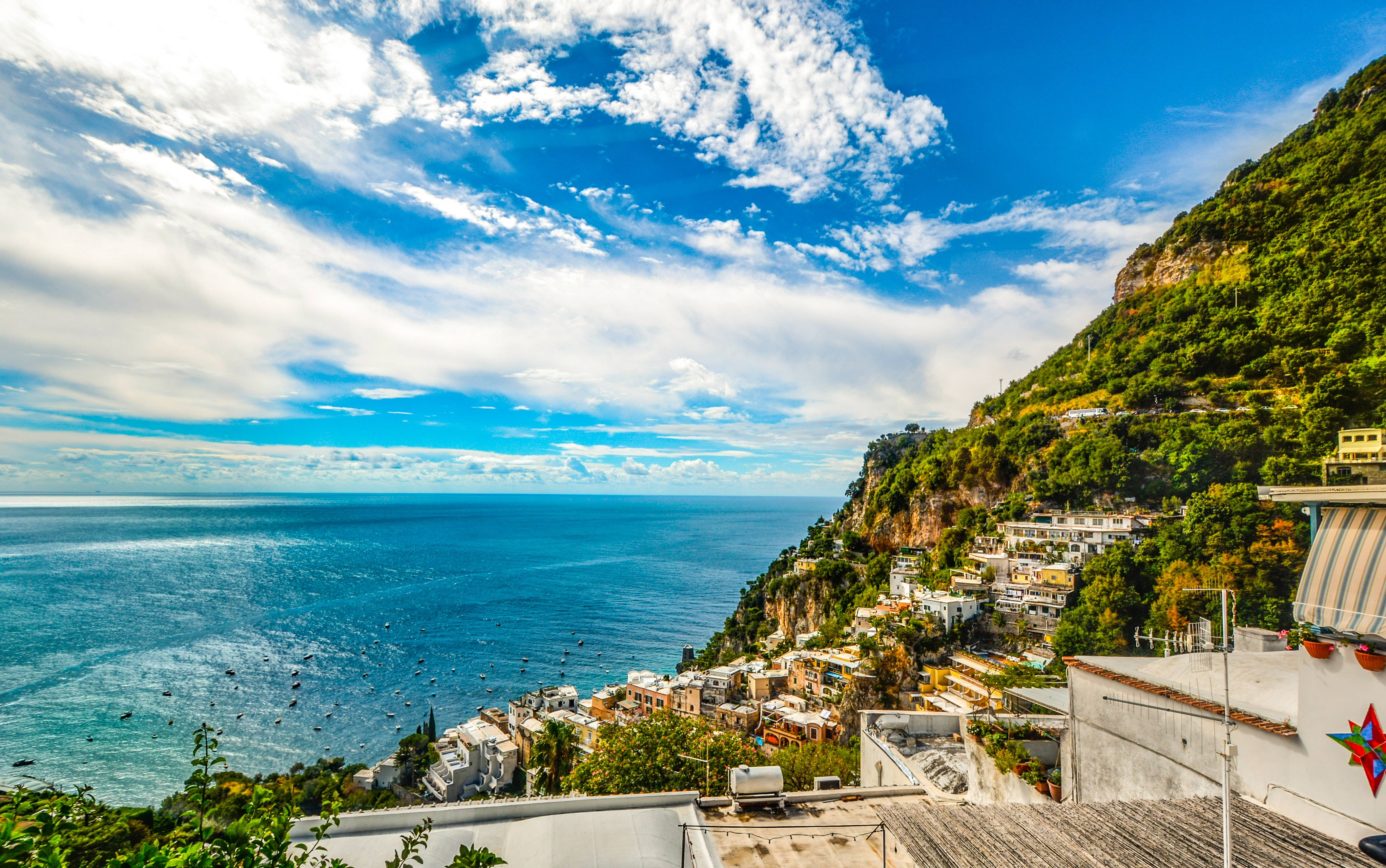Amalfi Coast, coastal village, steep green cliffs, 4K Desktop Wallpaper