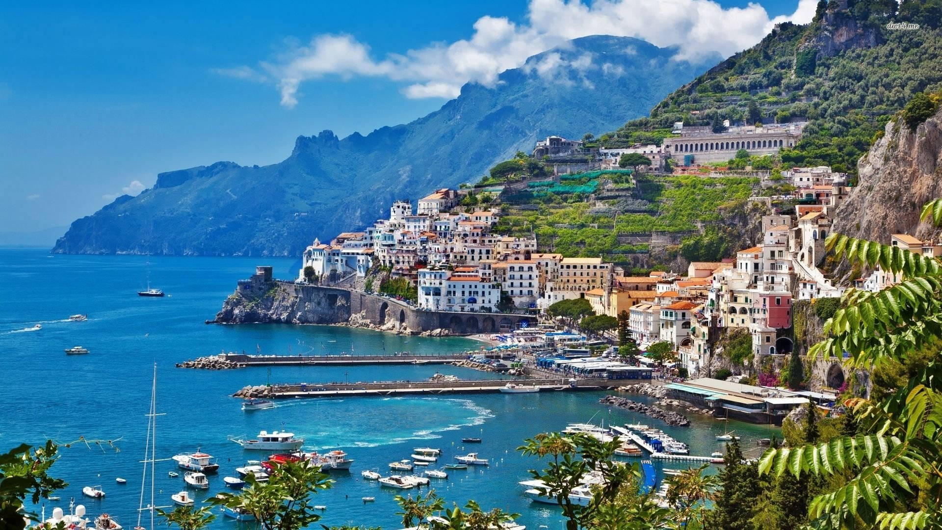 Amalfi Coast, ship pier, turquoise waters, Full HD Desktop Wallpaper