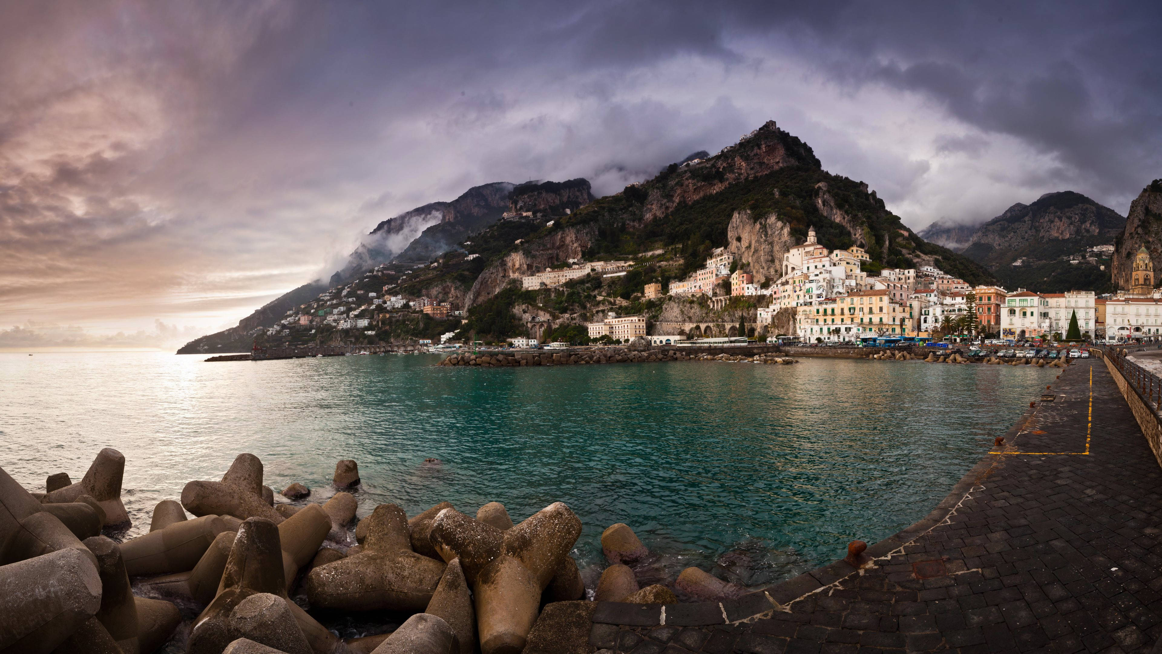 stormy sky, Amalfi Coast, coastal village, 4K Desktop Wallpaper