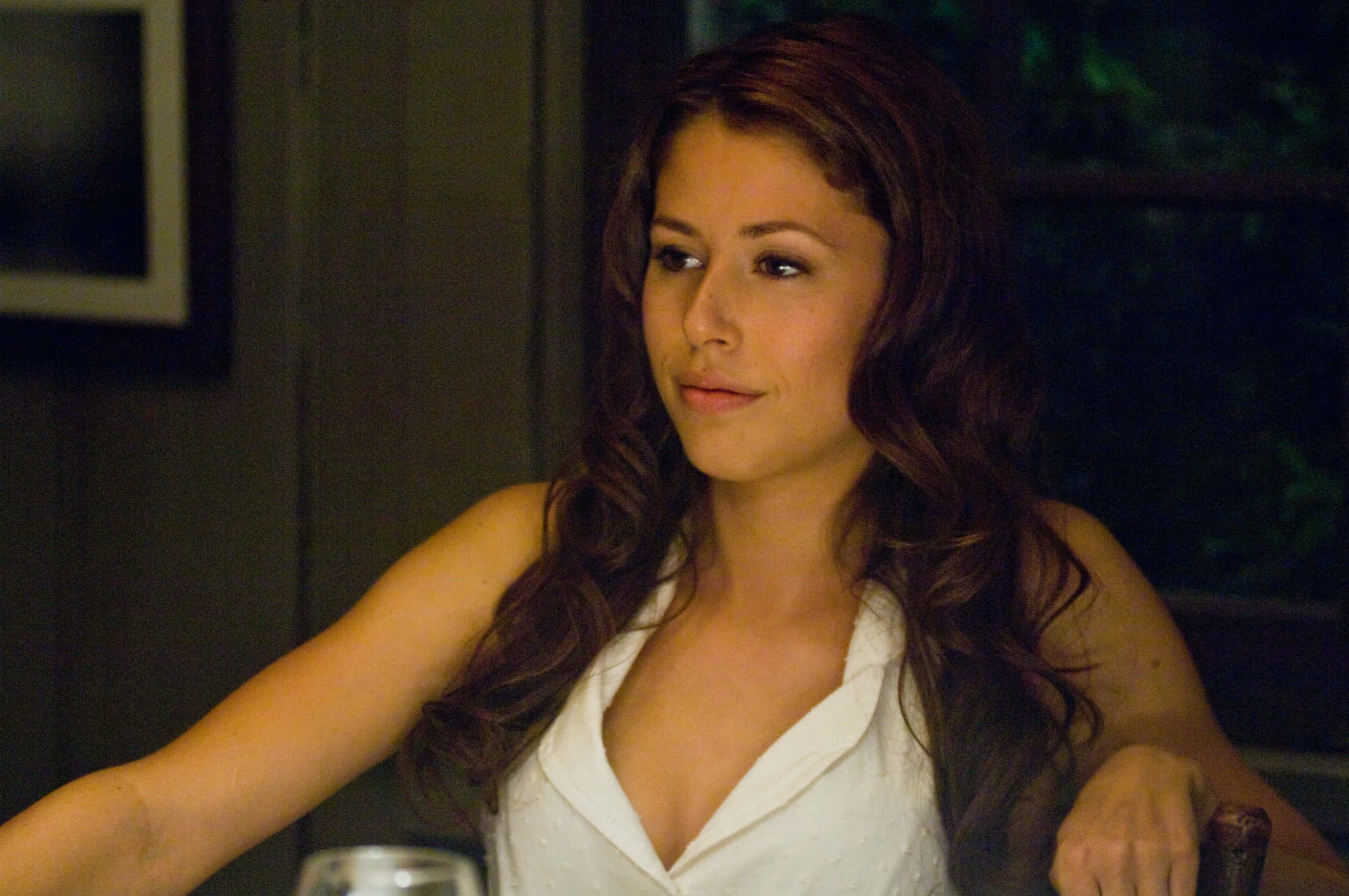 Amanda Crew, white dress, dimly lit indoor setting, Full HD Desktop Wallpaper
