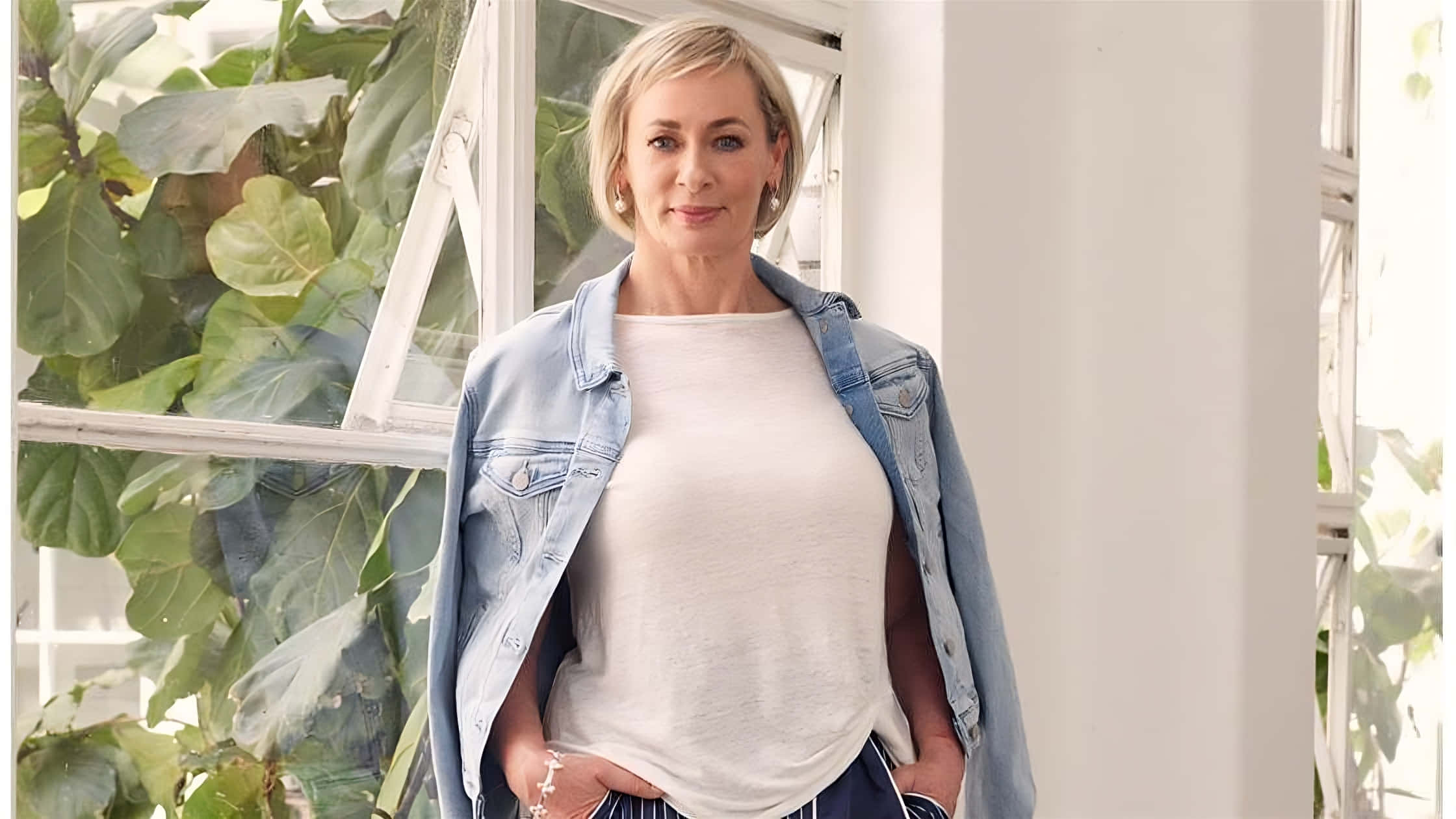 Amanda Keller, denim jacket, white tee, Full HD Desktop Wallpaper