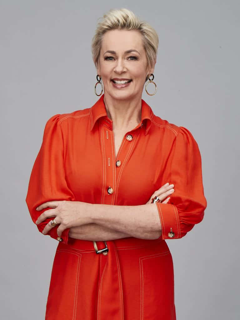 Amanda Keller, short blonde hair, bold red blouse, SD Phone Wallpaper