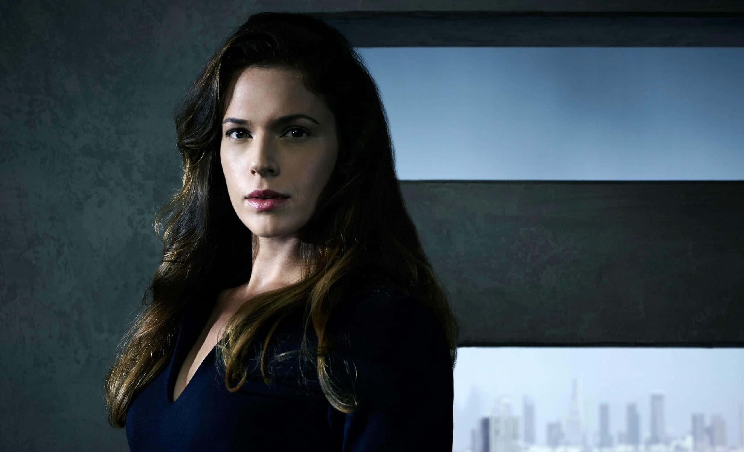 Amanda Righetti, dark blue dress, long dark hair, 2K Desktop Wallpaper