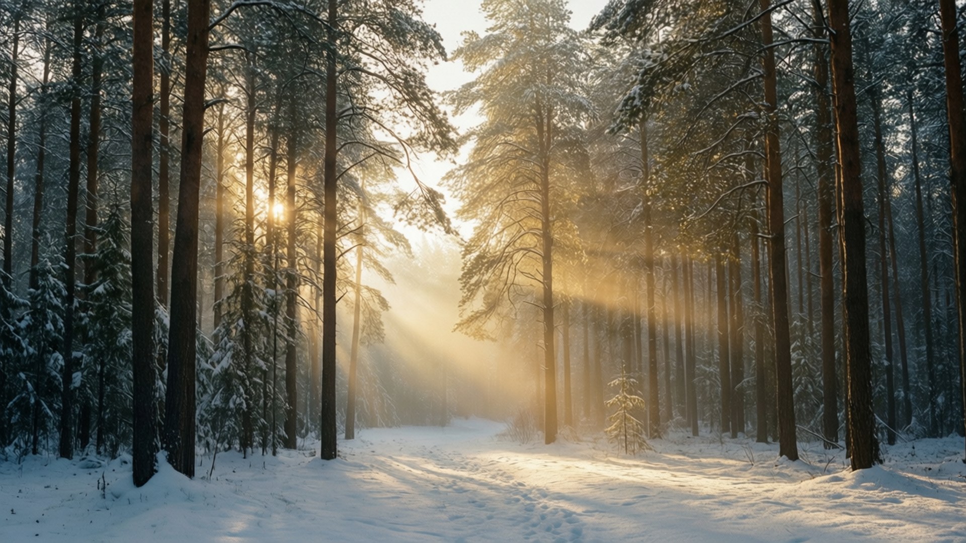 Golden Dawn, pine forest, snowy, Full HD Desktop Wallpaper