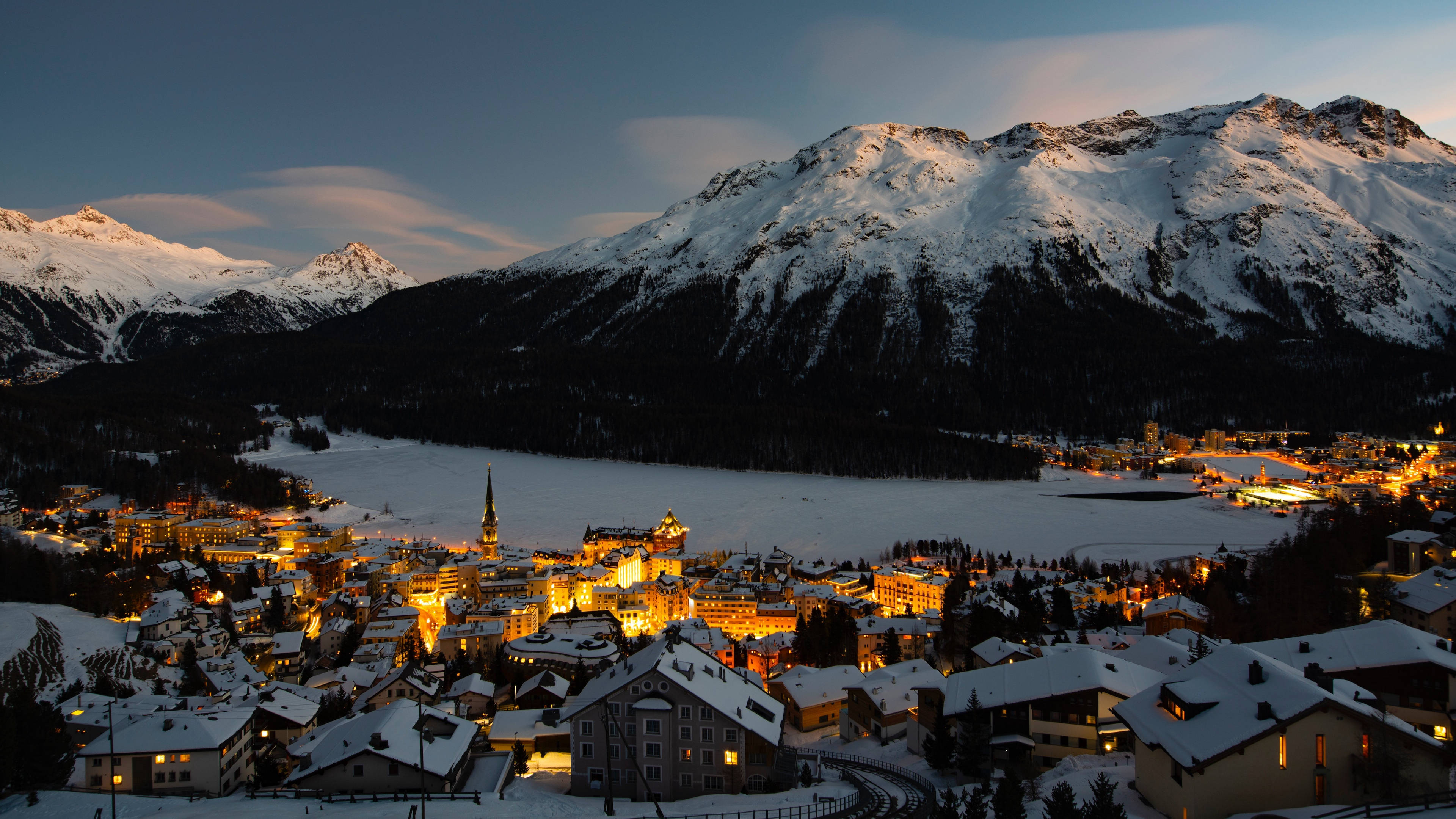 snow-covered mountain village, dusk, frozen lake, 4K Desktop Wallpaper