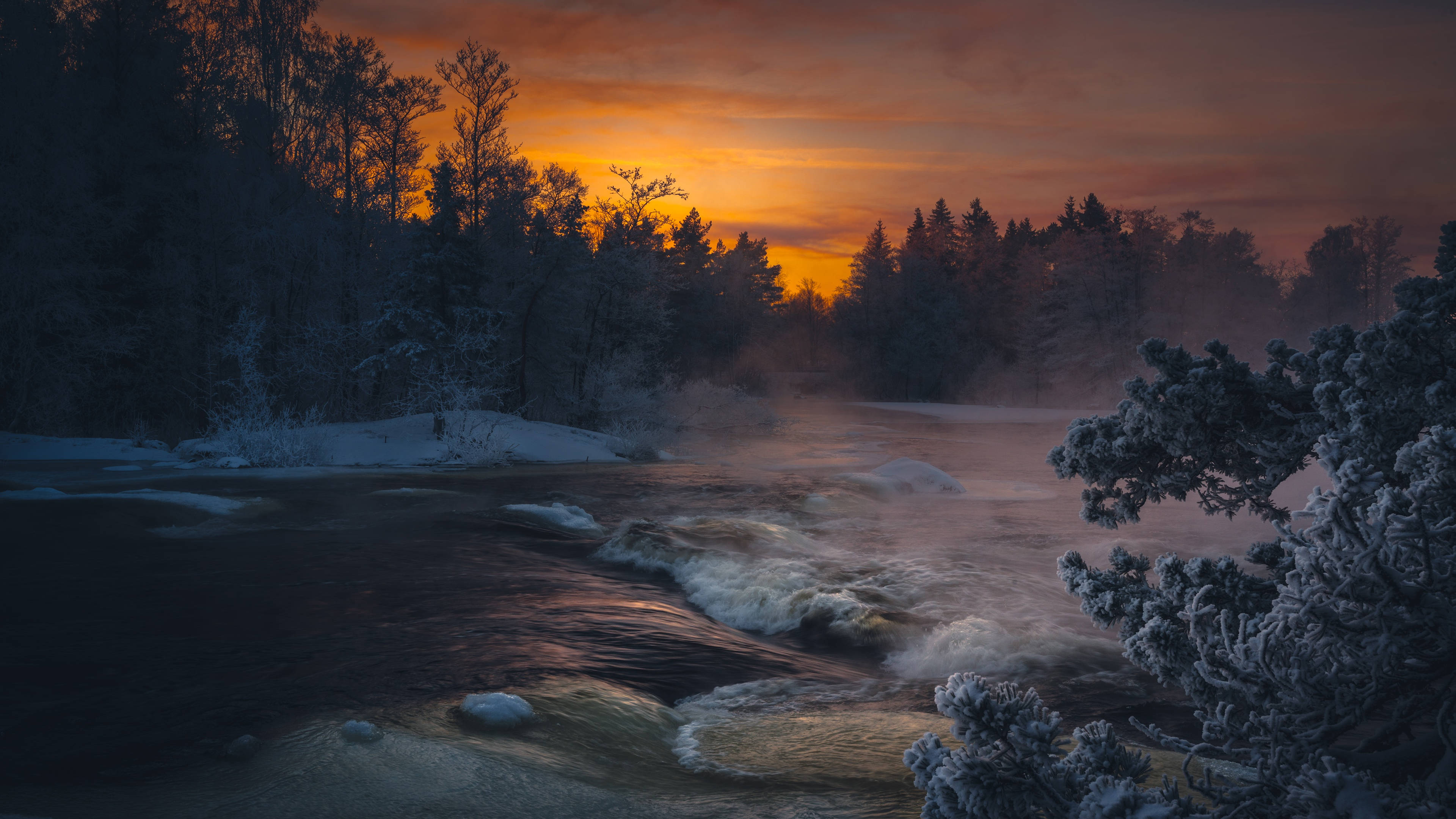 snowy river, forest, sunset, 4K Desktop Wallpaper