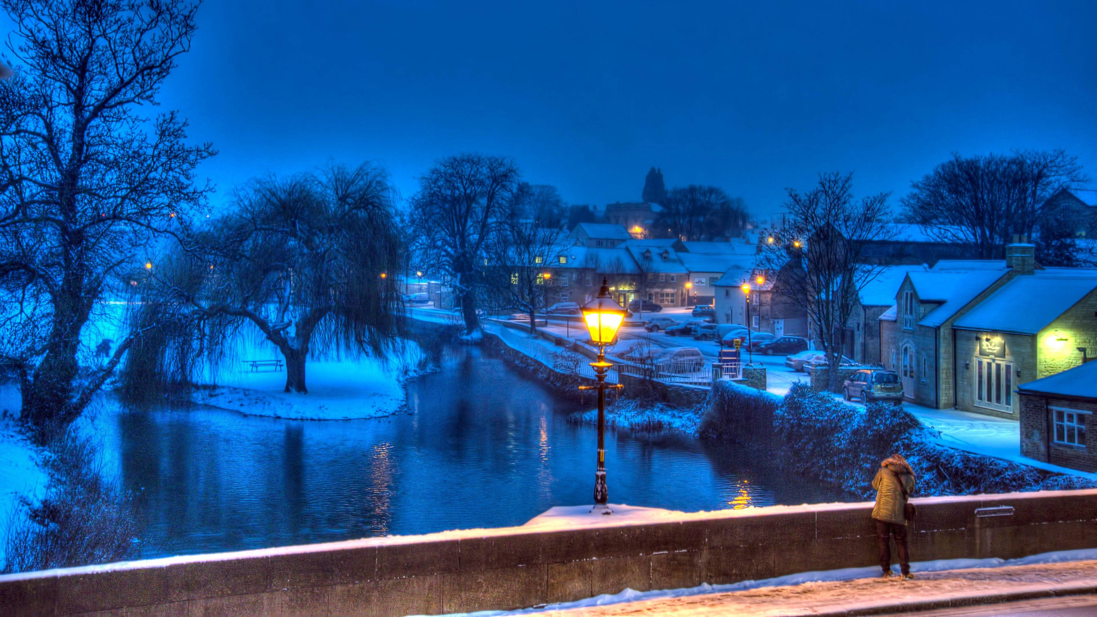 snow-dusted bridge, twilight, frozen river, 4K Desktop Wallpaper