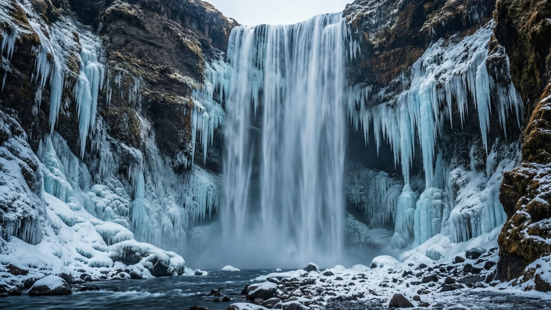 frozen waterfall, icicles, ice formations, Full HD Desktop Wallpaper