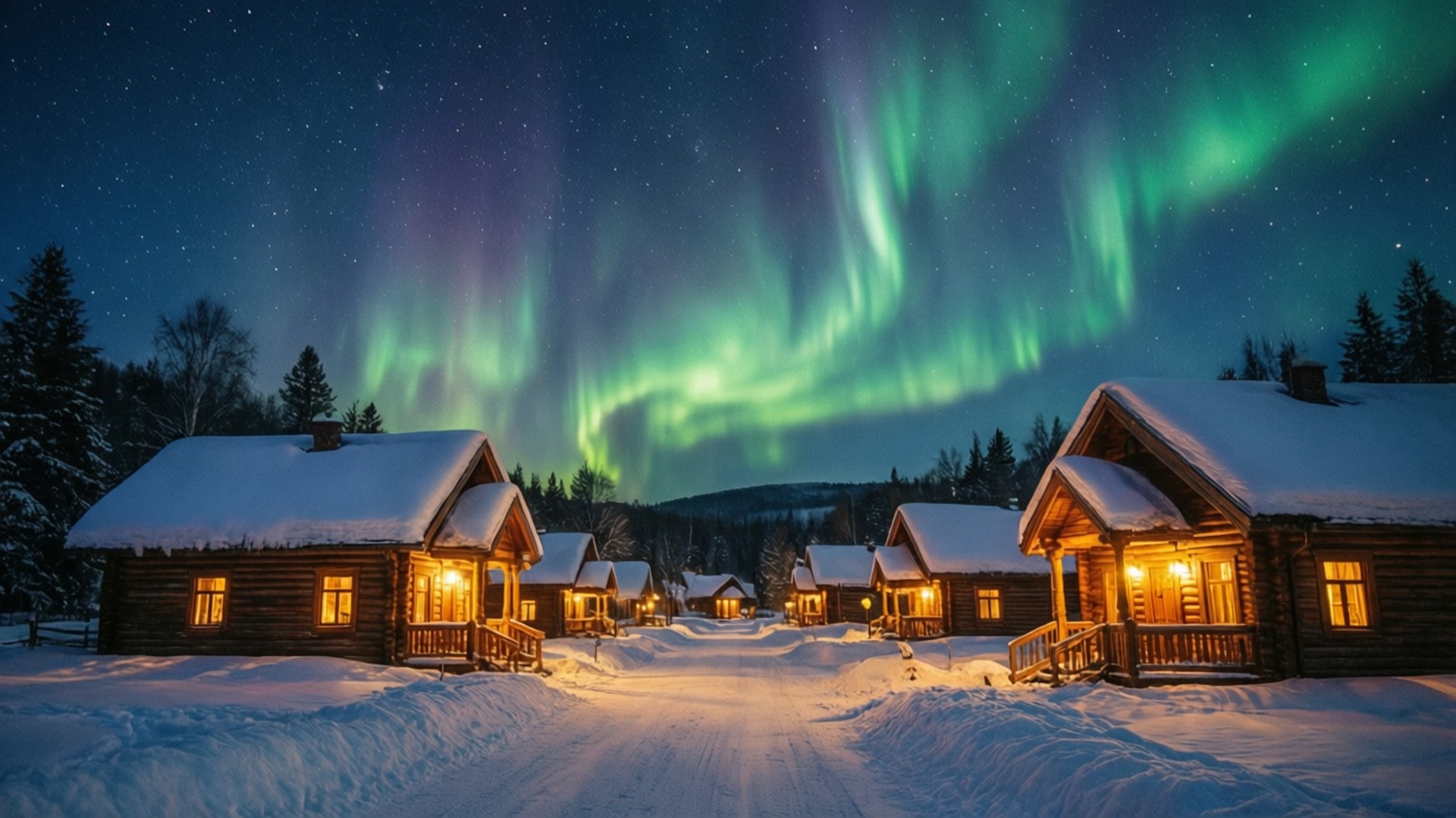 northern lights, snowy village, snow-covered log cabins, Full HD Desktop Wallpaper