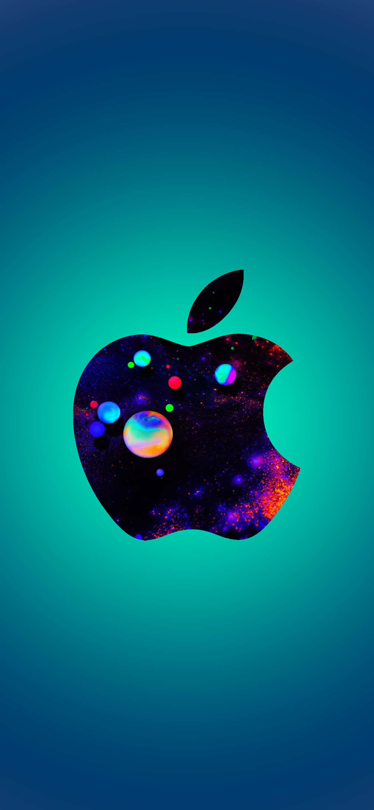 Apple logo, teal gradient background, cosmic galaxy swirl, 2K Phone Wallpaper