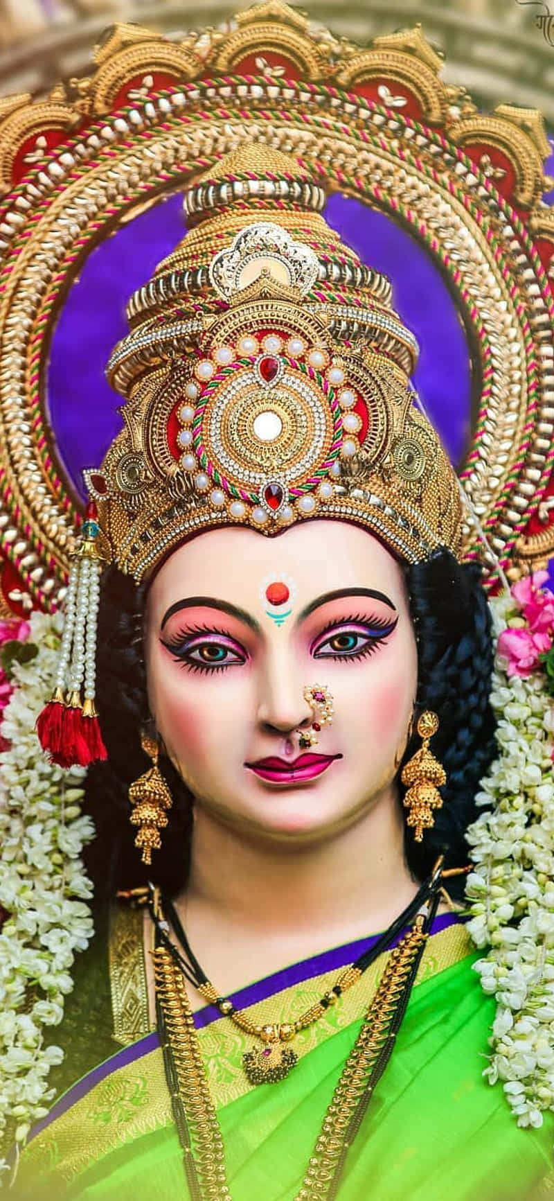 Ambe Maa, golden jewelry, vibrant green sari, HD Phone Wallpaper
