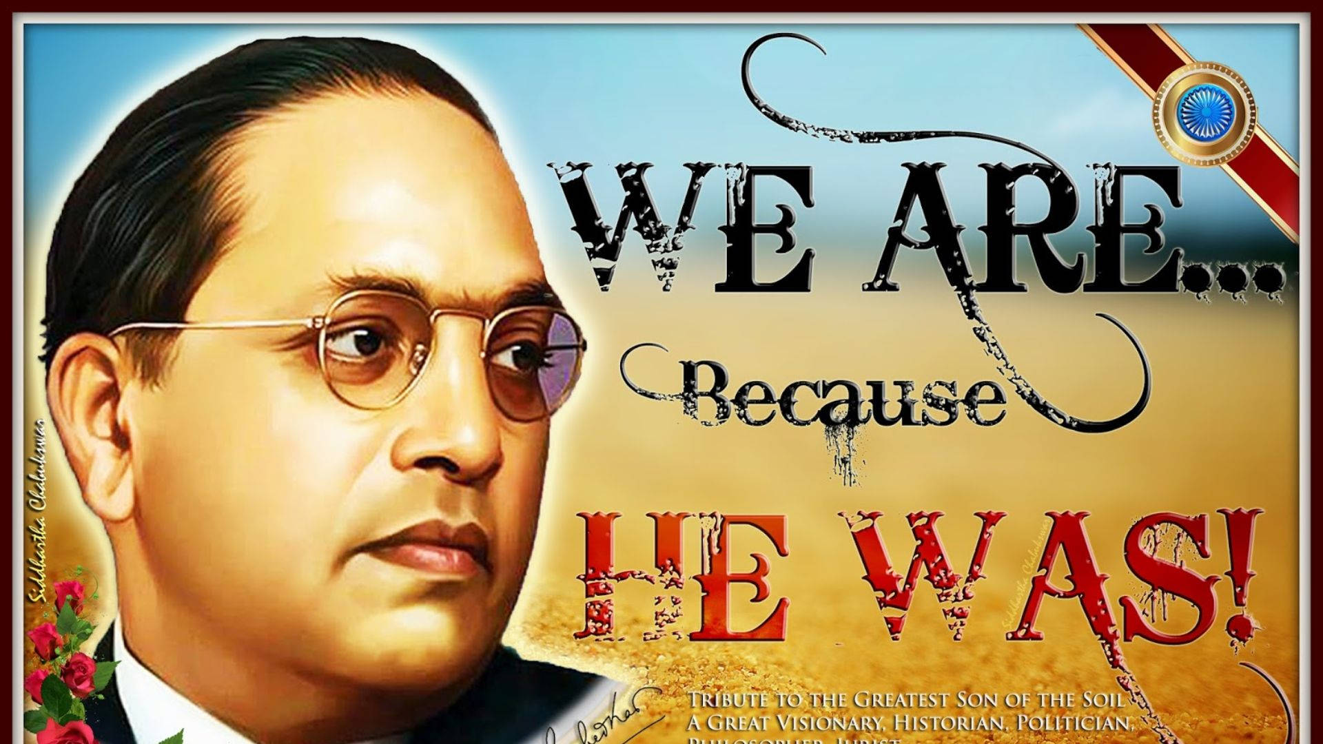 Ambedkar, blue and golden background, vibrant illustrated portrait, Full HD Desktop Wallpaper