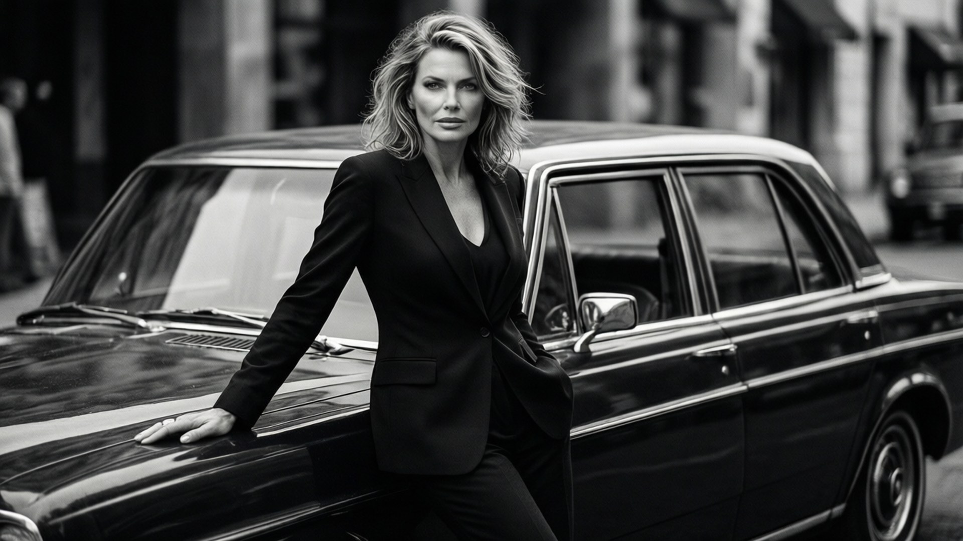 Amber Valletta, suit, vintage car, Full HD Desktop Wallpaper