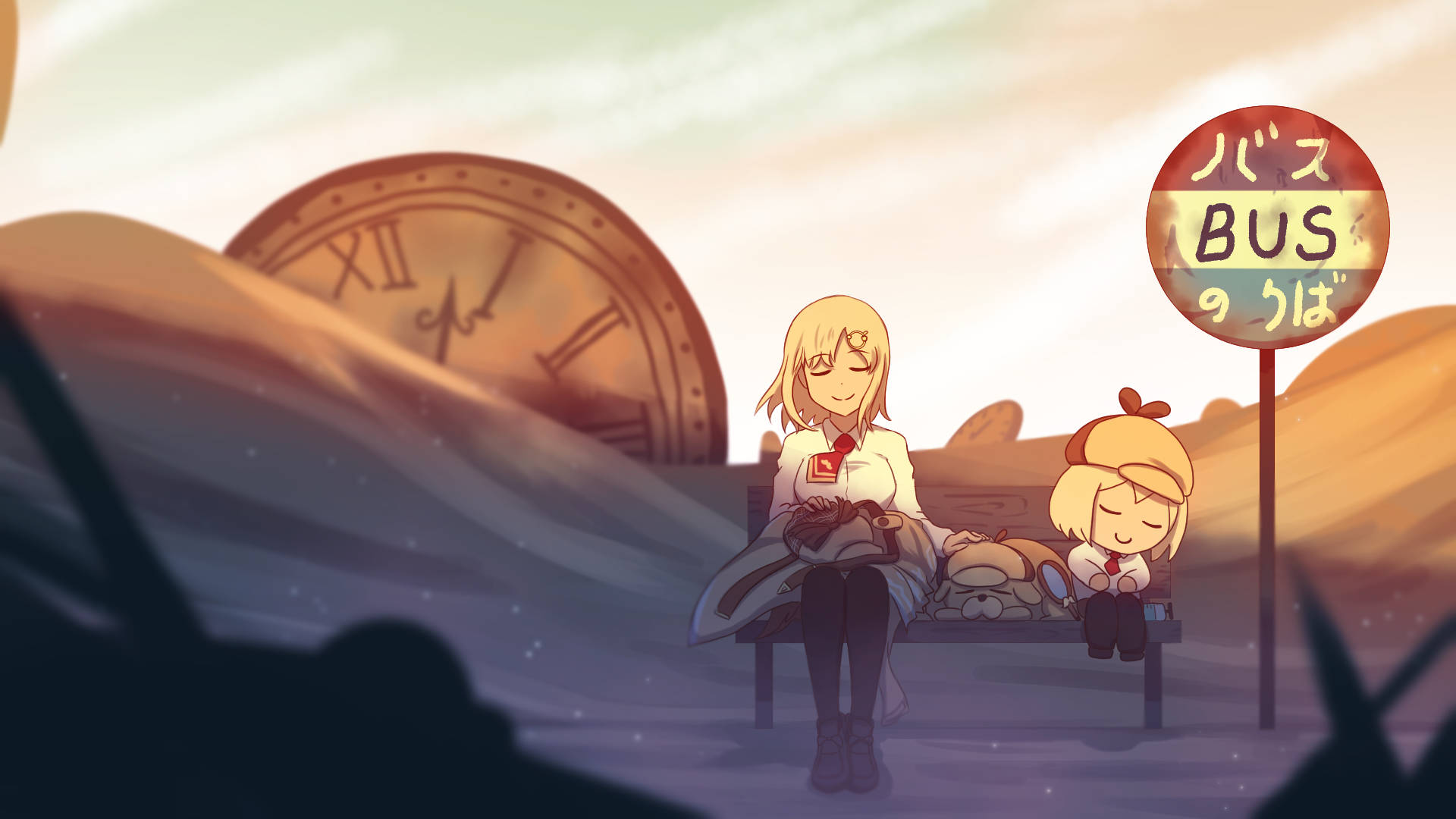 Calm Watson Amelia, anime girls, bench, Full HD Desktop Wallpaper