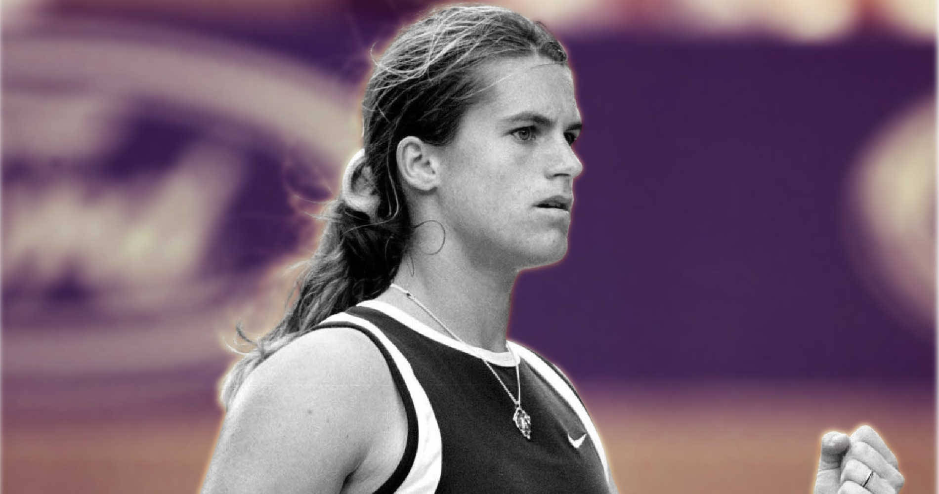 Amélie Mauresmo, black and white, purple background, HD Desktop Wallpaper