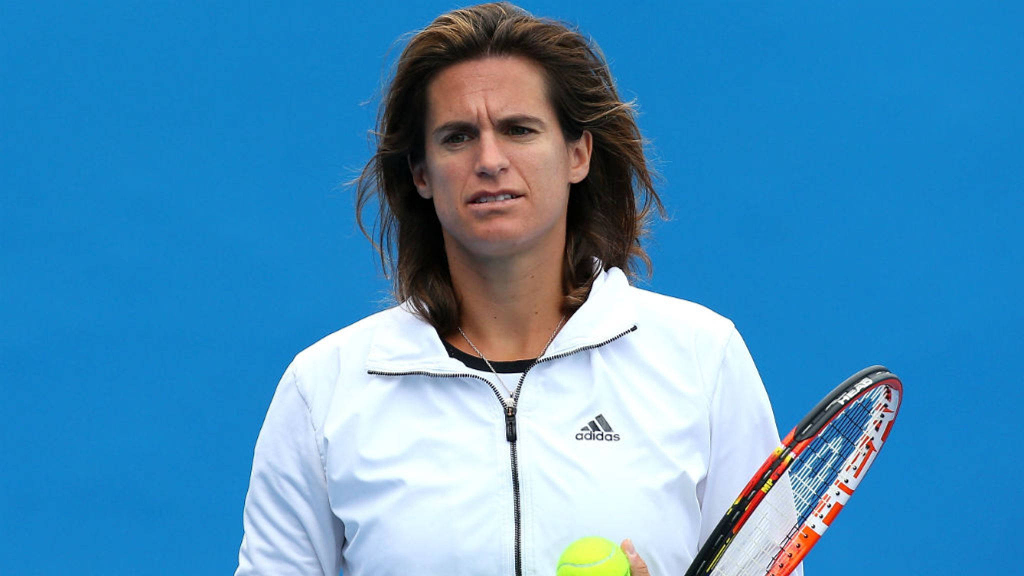 Amélie Mauresmo, white adidas jacket, racket, Full HD Desktop Wallpaper