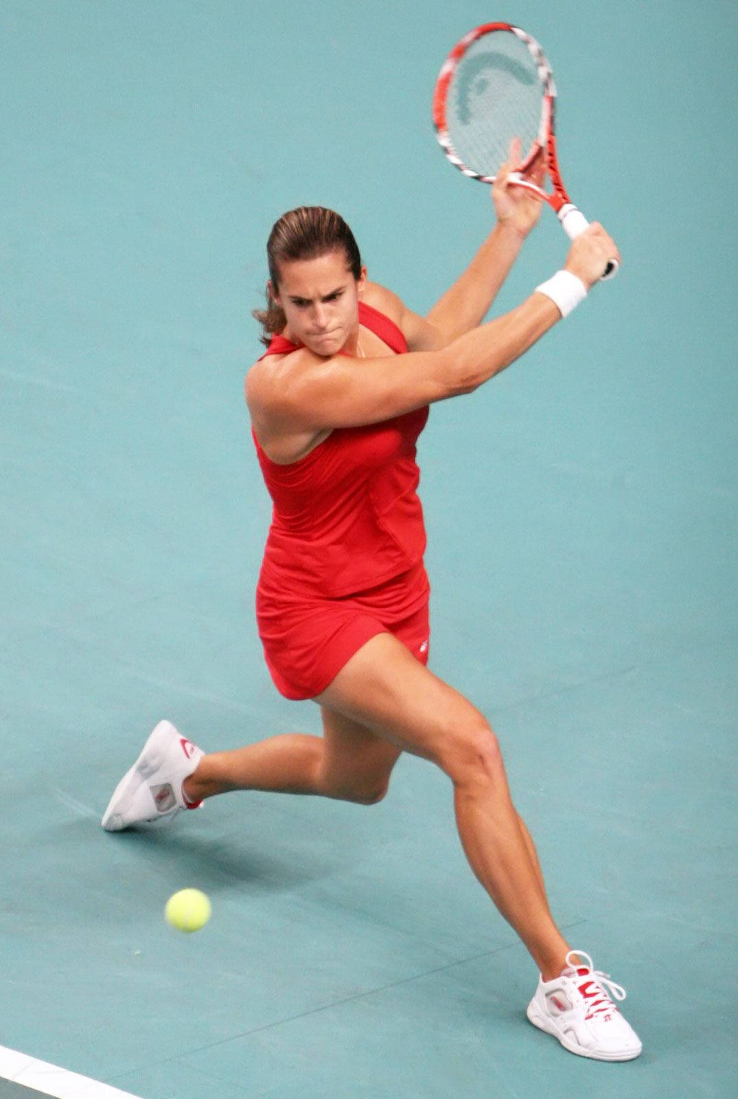 Amélie Mauresmo, red dress, yellow ball, HD Phone Wallpaper