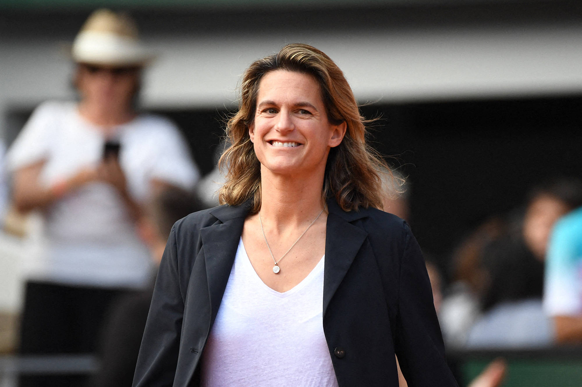Amélie Mauresmo, black blazer, white top, Full HD Desktop Wallpaper