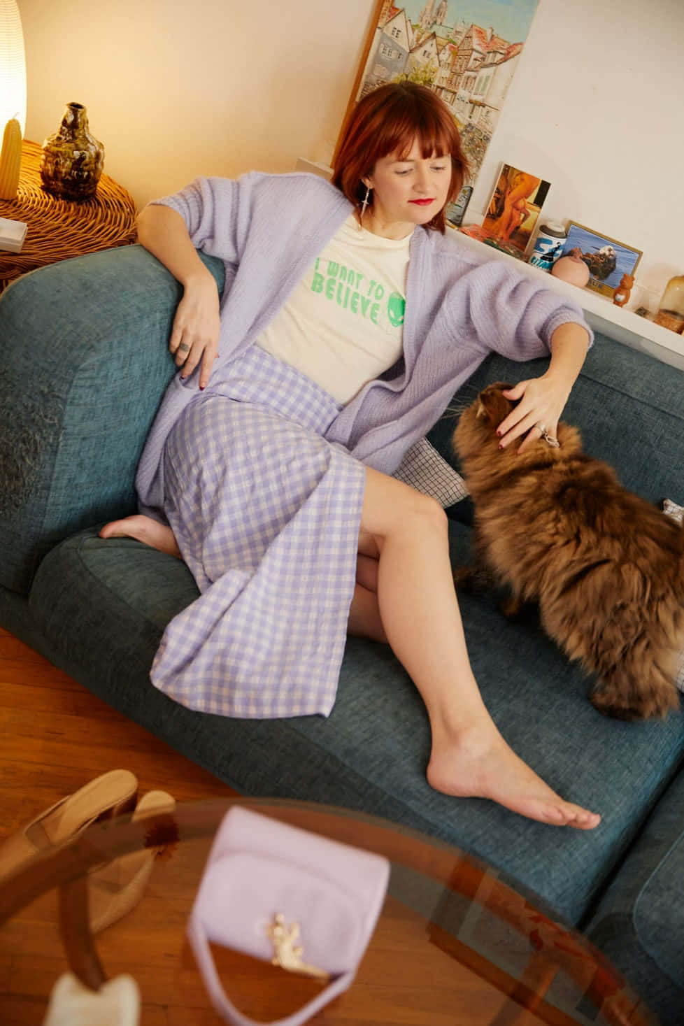 Amélie Pichard, lavender cardigan, checkered skirt, HD Phone Wallpaper