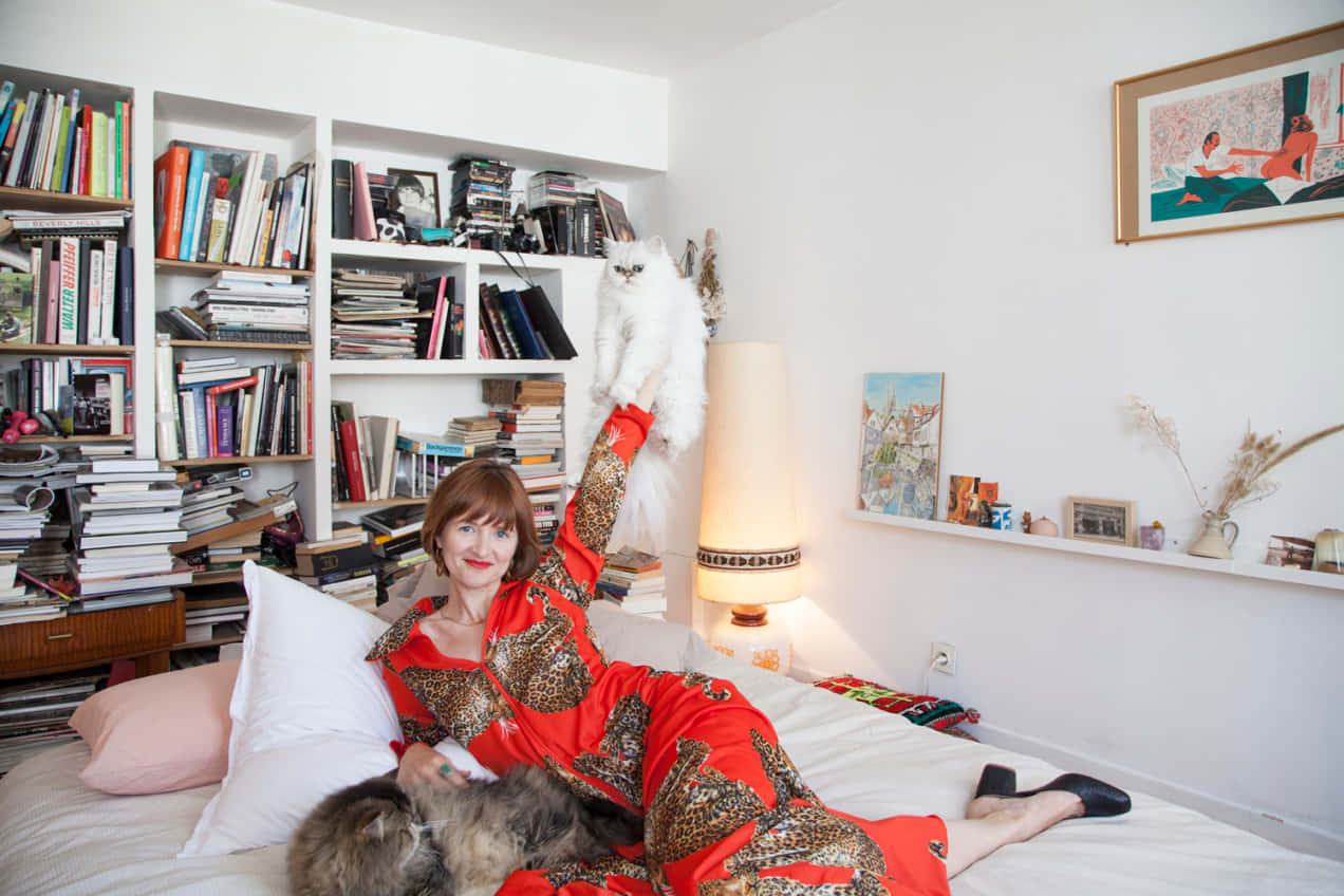 Amélie Pichard, red patterned robe, white cat, SD Desktop Wallpaper