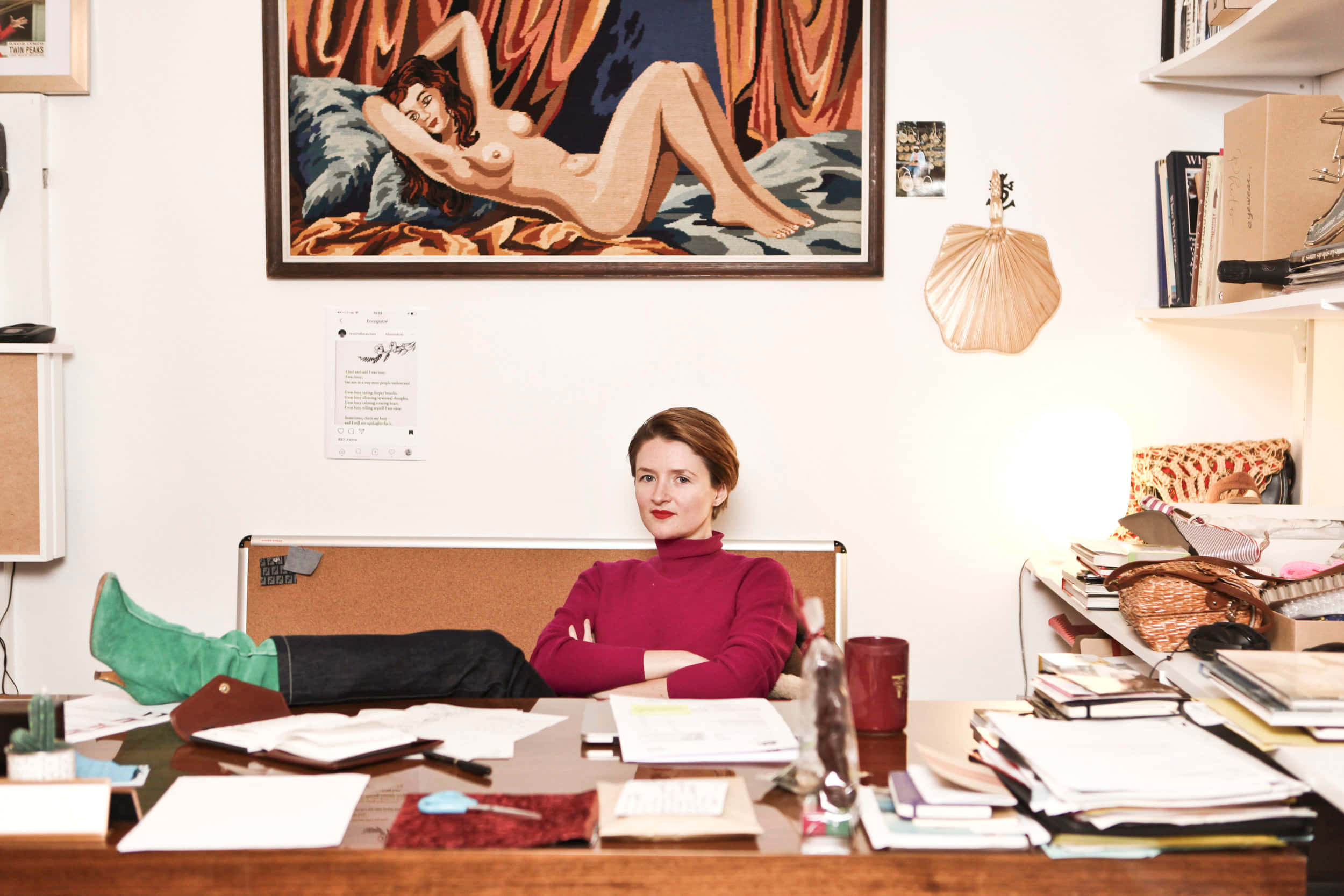 Amélie Pichard, magenta turtleneck, cluttered office, Full HD Desktop Wallpaper