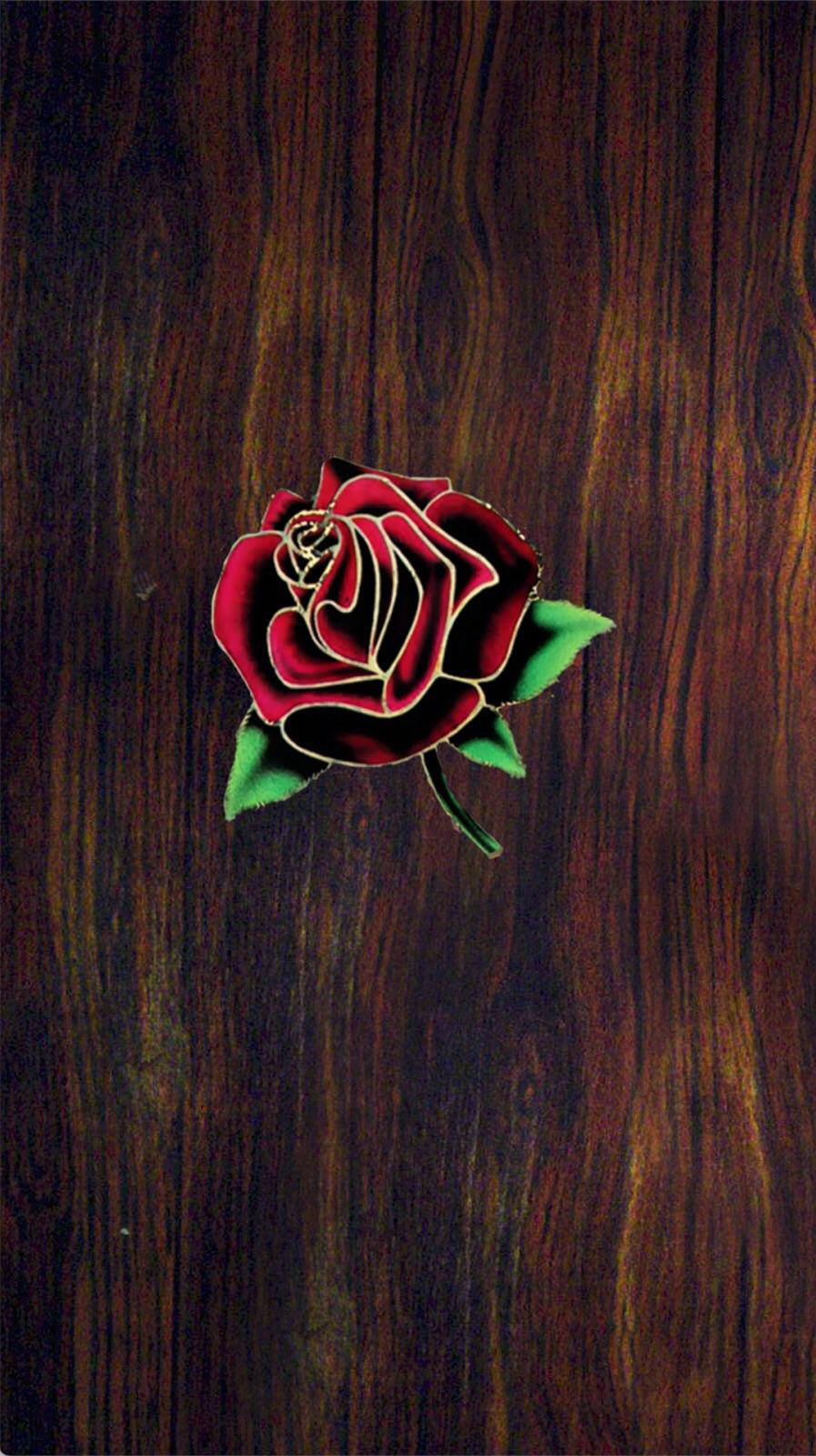 Red Rose, gold outline, dark wood grain background, HD Phone Wallpaper