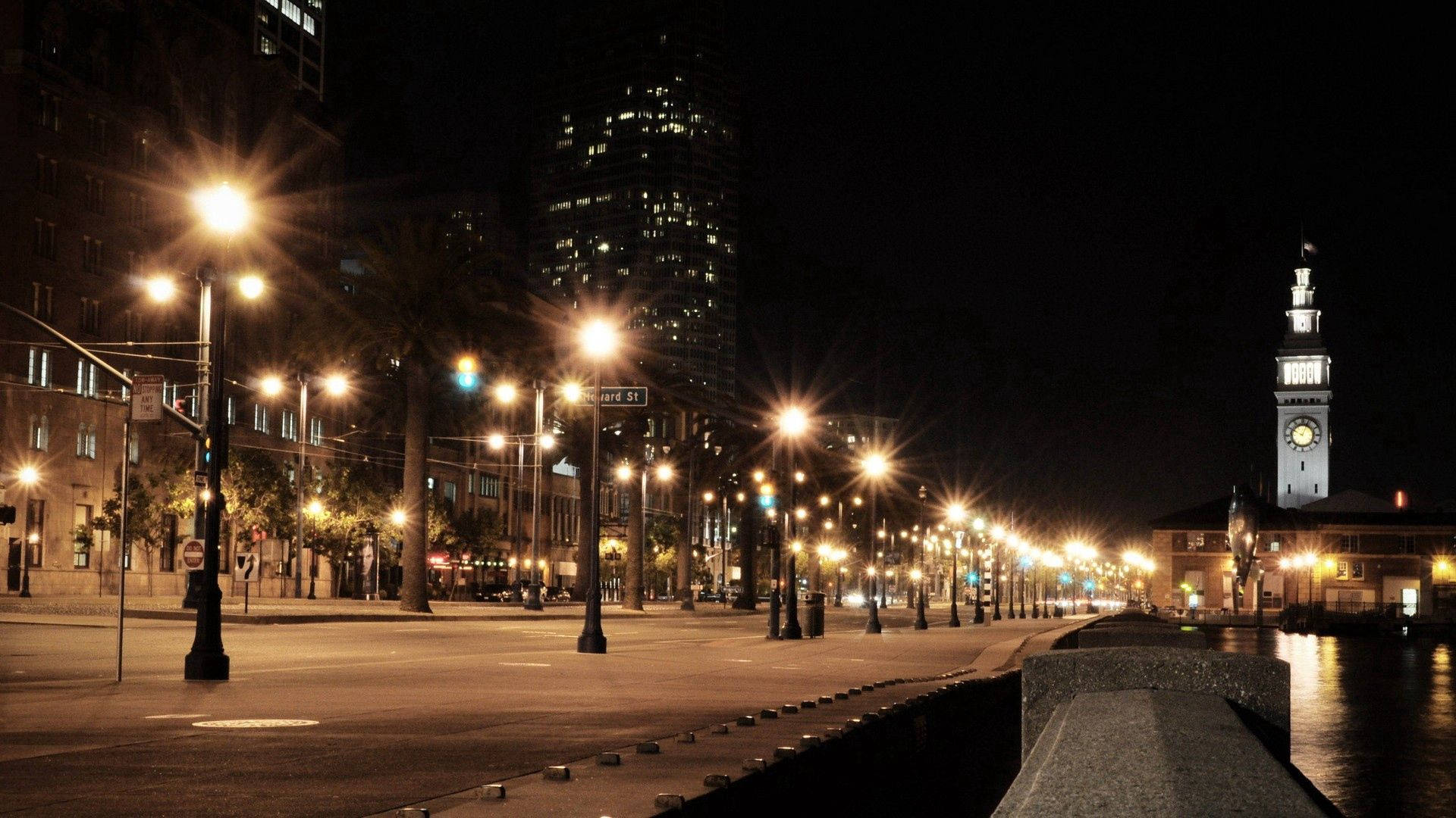 city street, night, glowing streetlights, Full HD Desktop Wallpaper