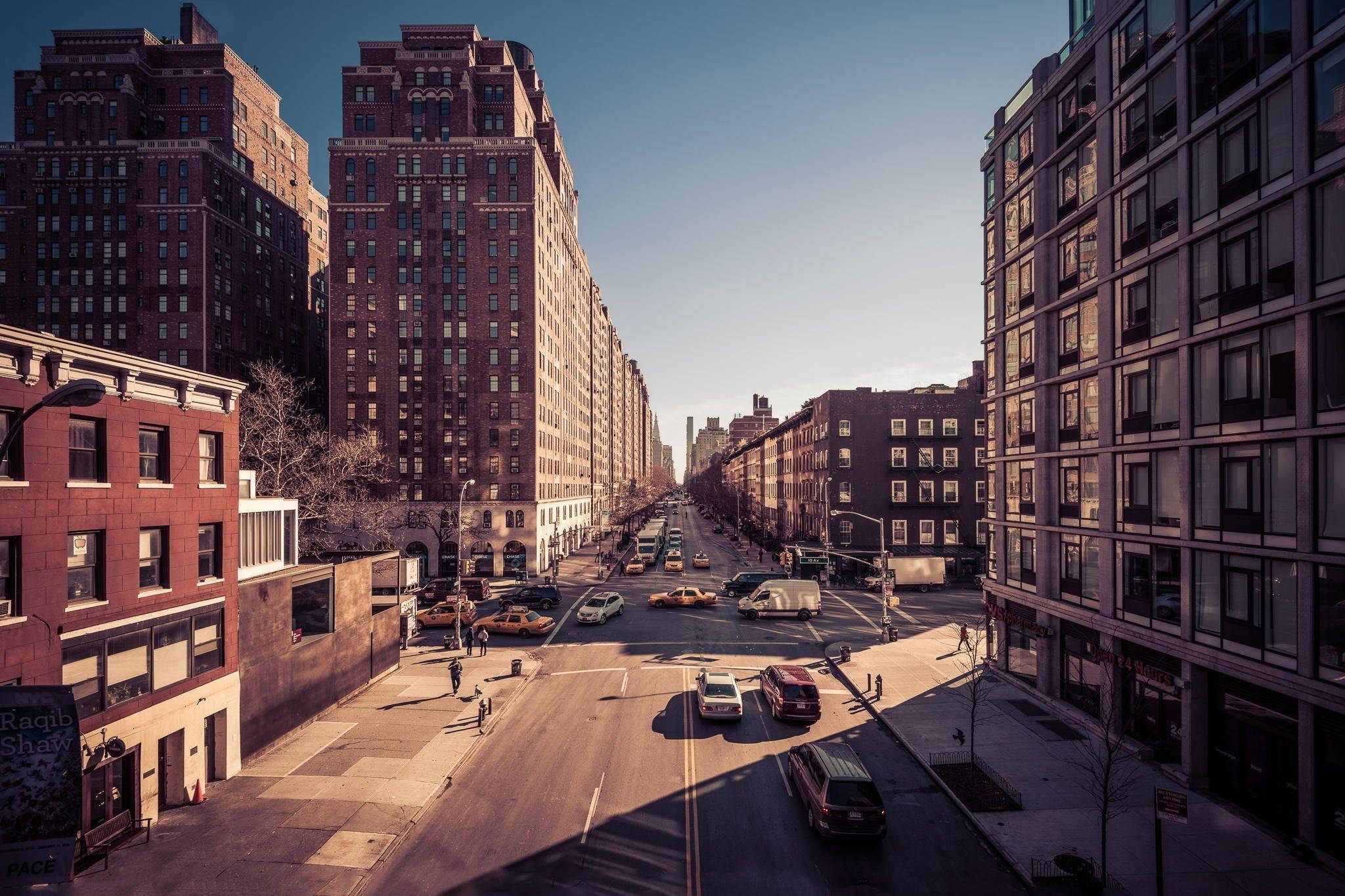 American City, clear blue sky, sunlight, Full HD Desktop Wallpaper