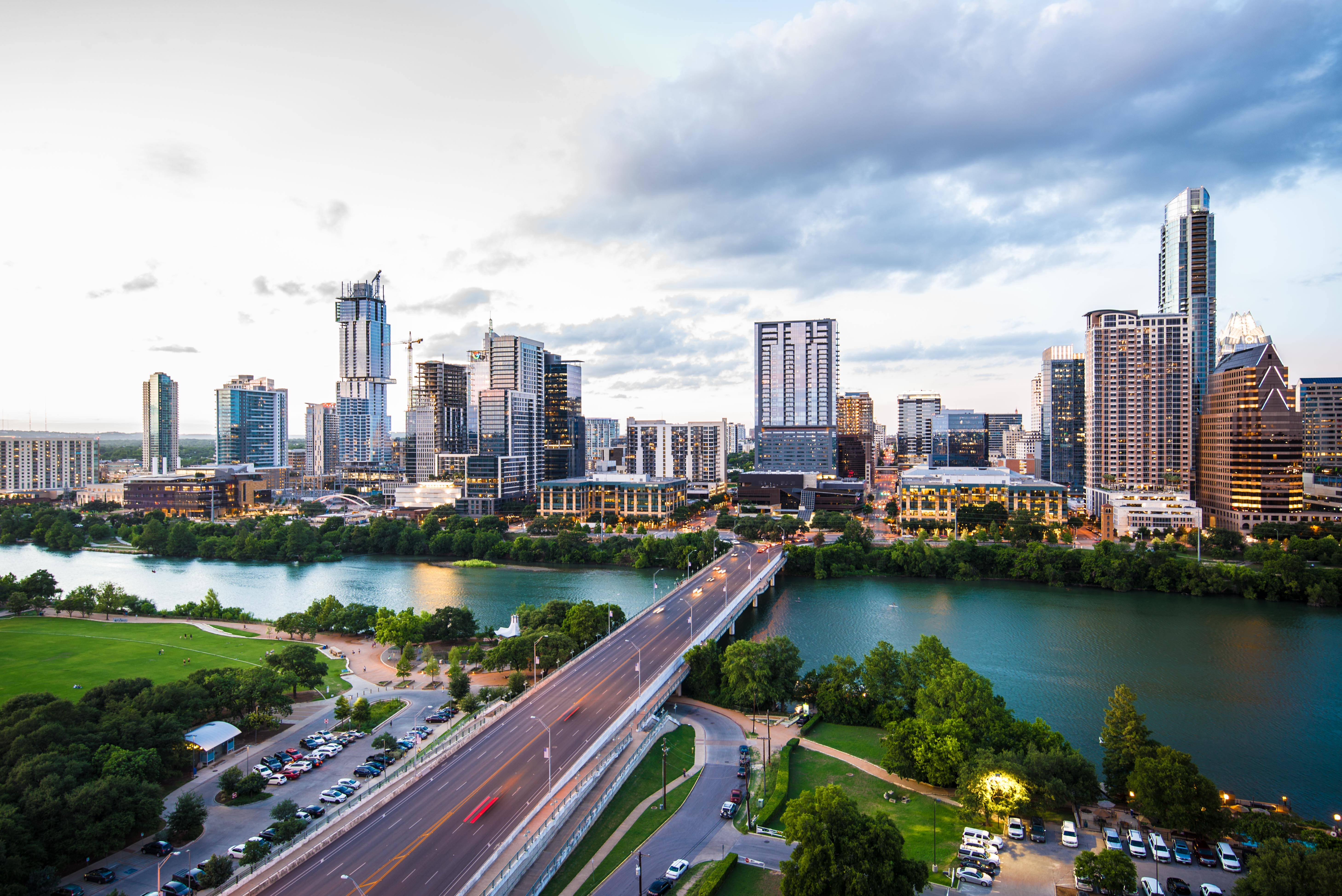 modern city skyline, dusk, river, 5K Desktop Wallpaper