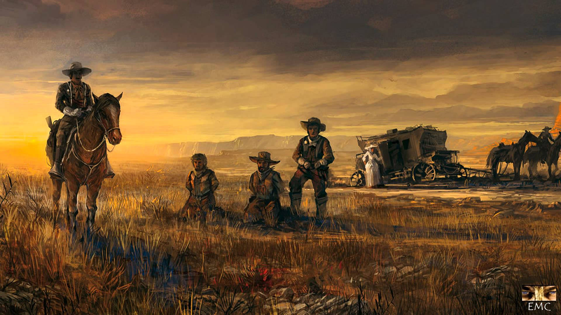 American Cowboy, golden grassy field, sunset, Full HD Desktop Wallpaper