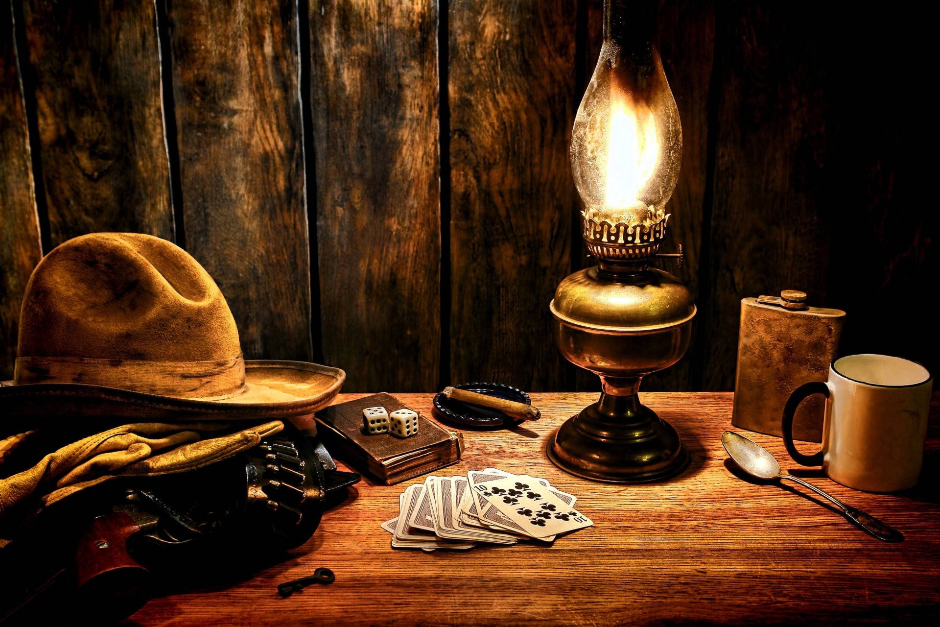 American Cowboy, vintage oil lamp, wooden table, Full HD Desktop Wallpaper