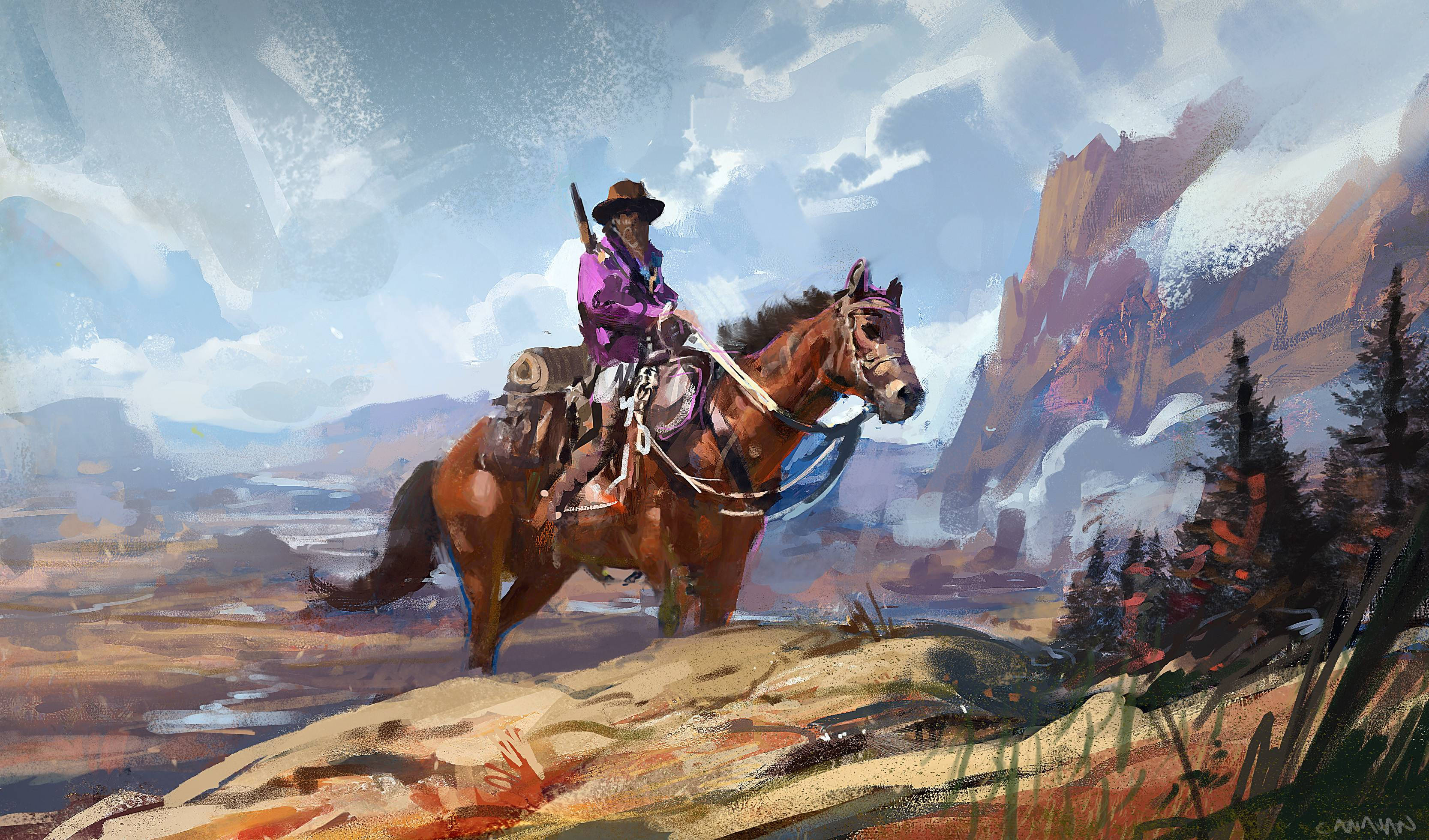 American Cowboy, purple shirt, hat, 2K Desktop Wallpaper