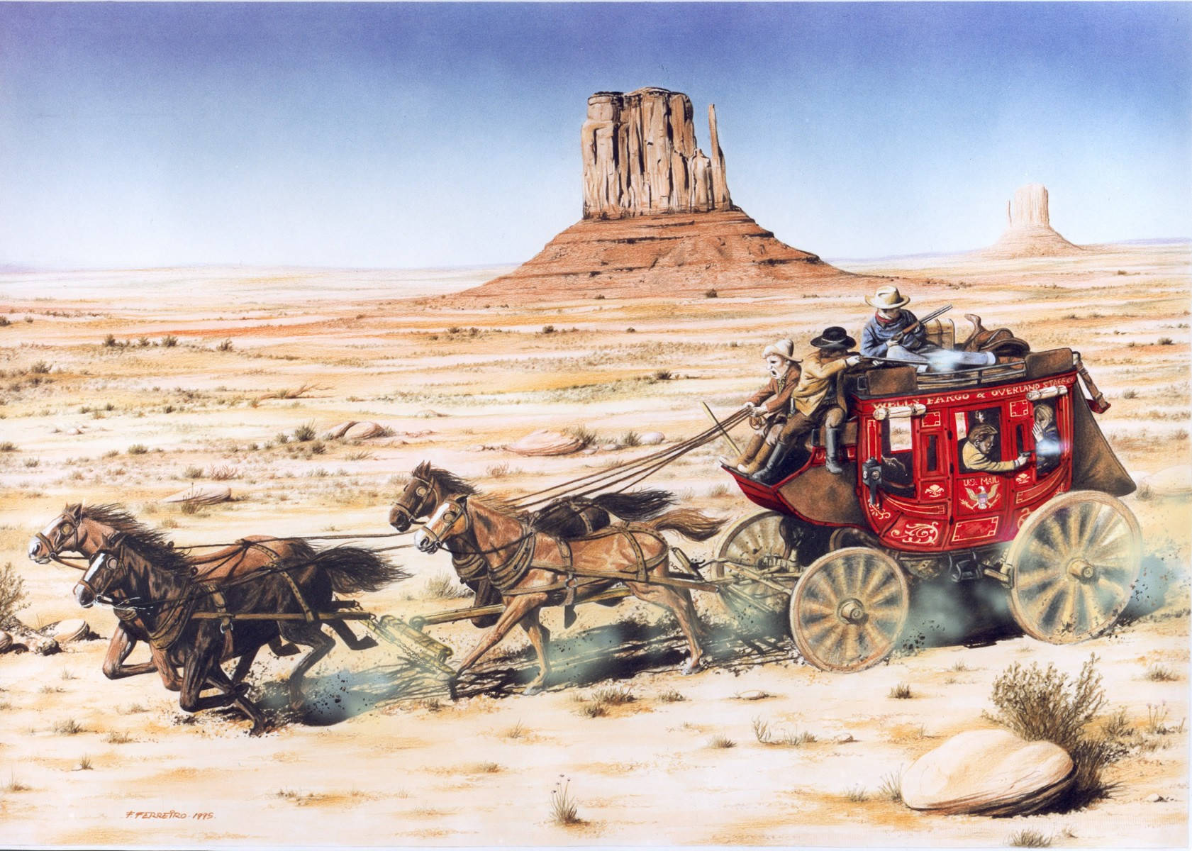 American Cowboy, red stagecoach, four horses, HD Desktop Wallpaper