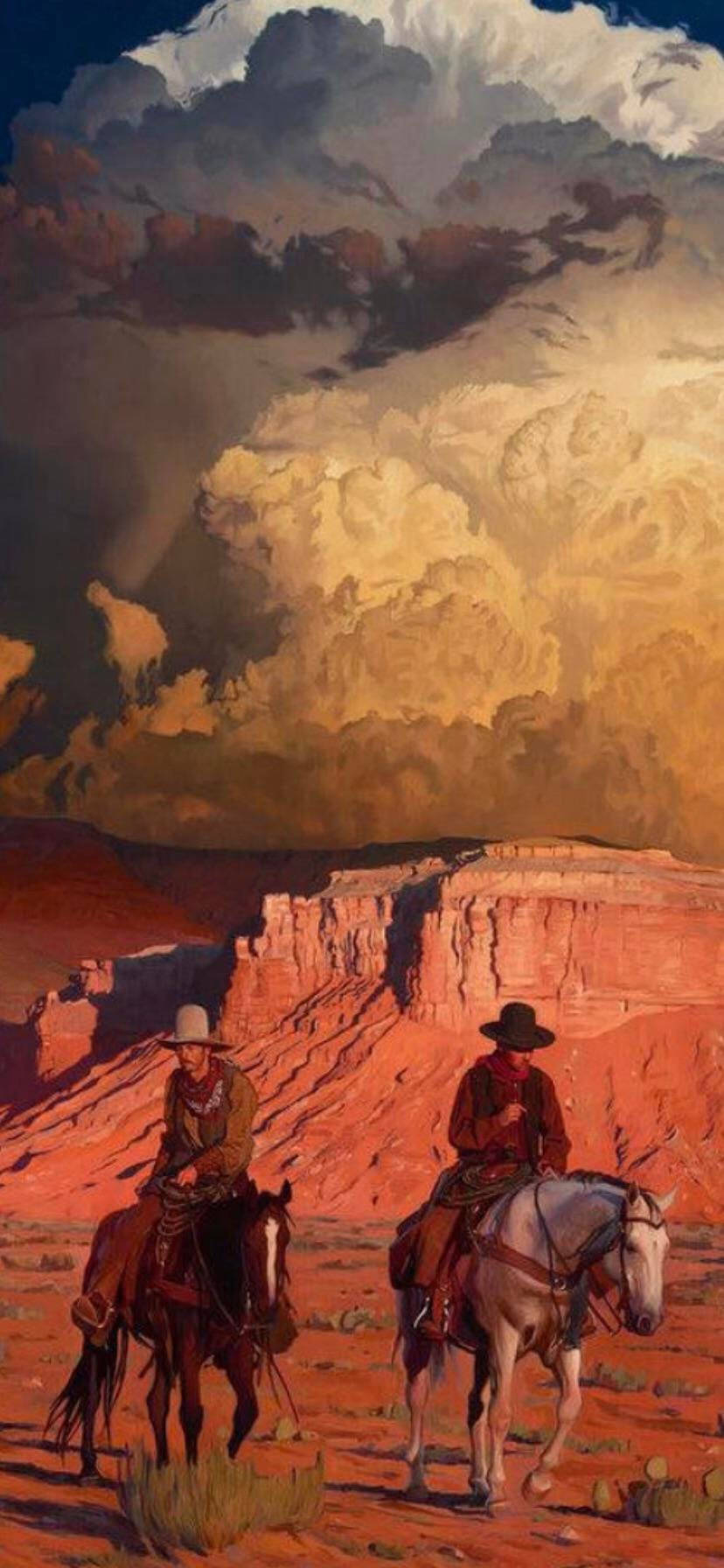 American Cowboy, red desert canyon, golden and stormy sky, HD Phone Wallpaper