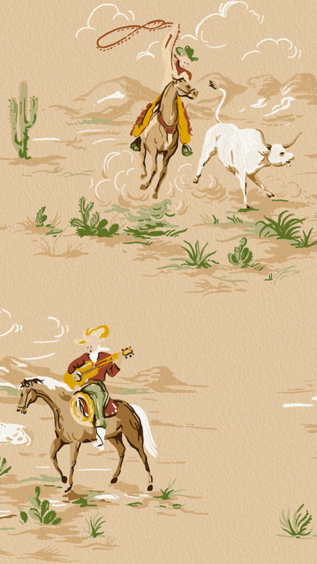 vintage cowboy, rodeo scene, white longhorn, Full HD Phone Wallpaper