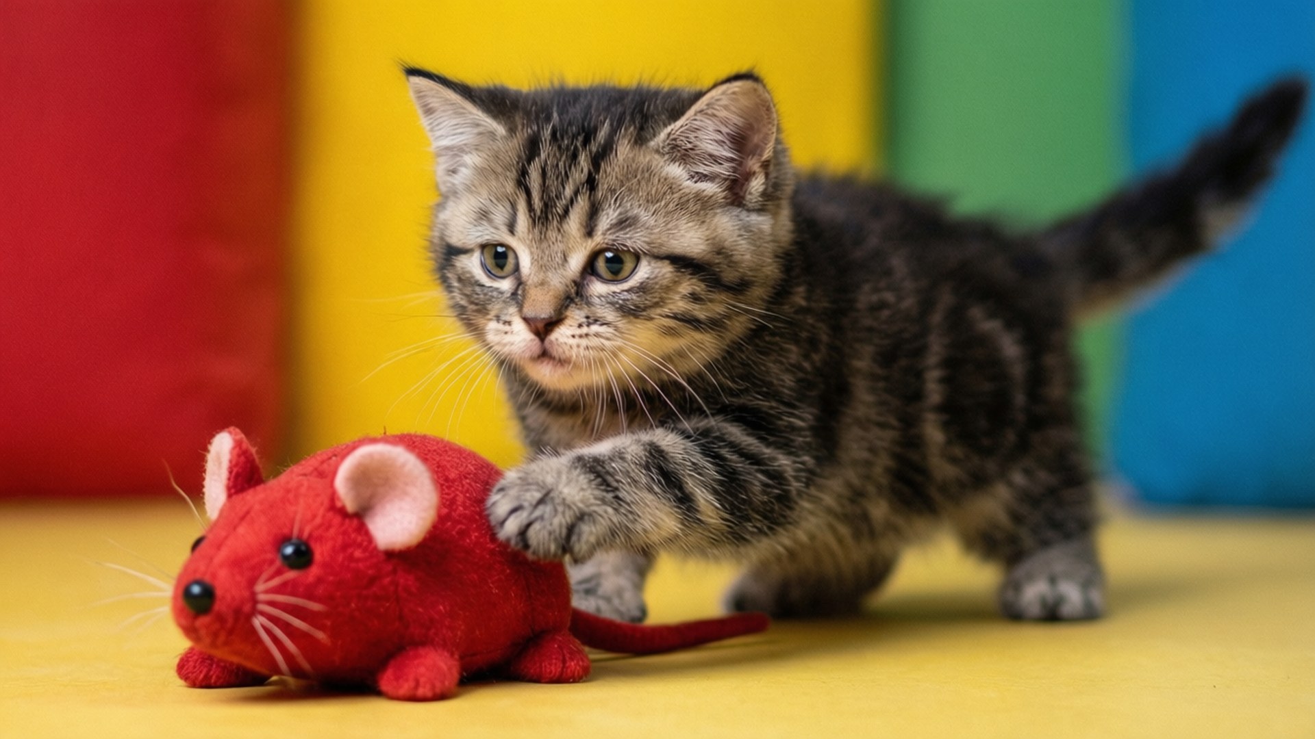 American Curl, kitten, toy mouse, Full HD Desktop Wallpaper