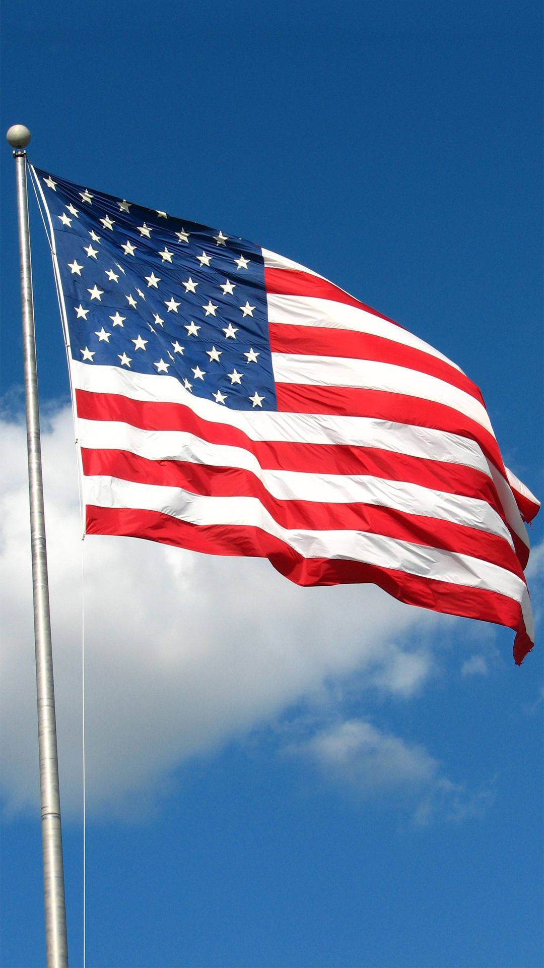 American Flag, bright blue sky, scattered white clouds, Full HD Phone Wallpaper