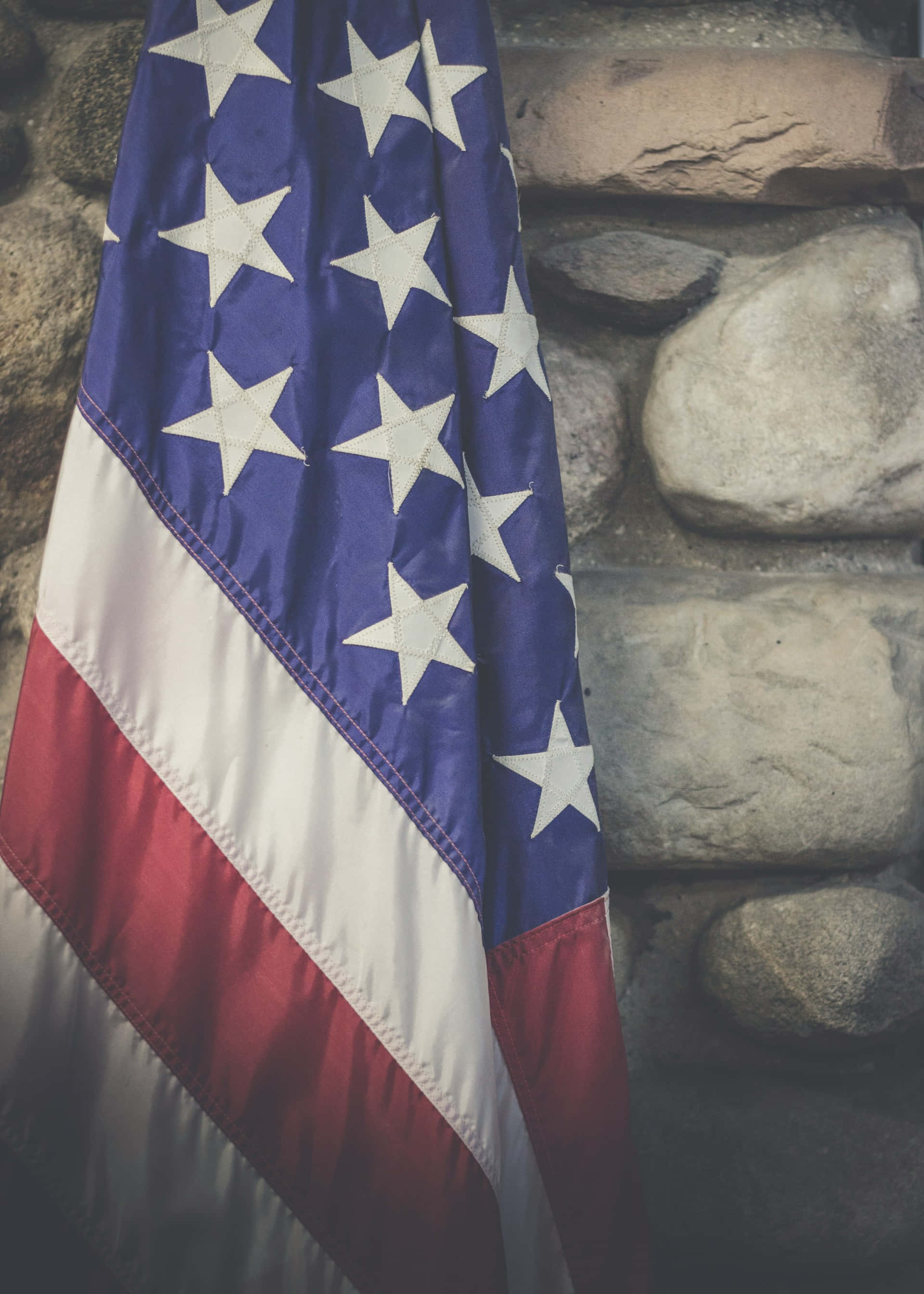 vintage american flag, stone wall, stars and stripes, 2K Phone Wallpaper