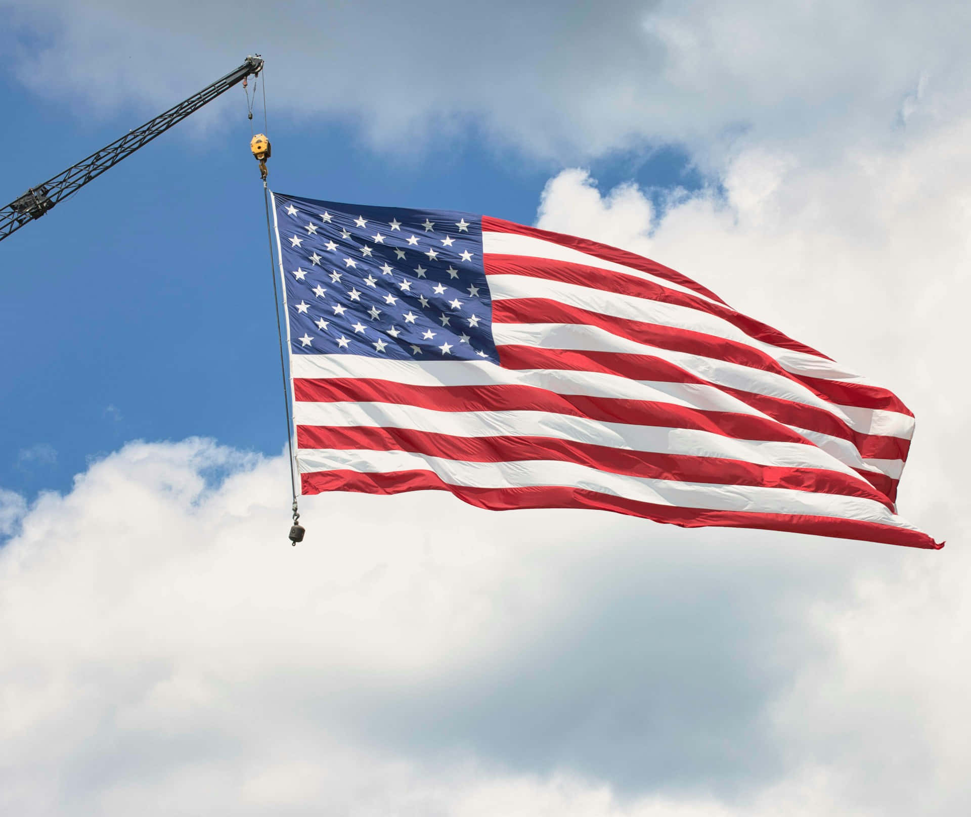 American Flag, crane, partly cloudy blue sky, Full HD Desktop Wallpaper
