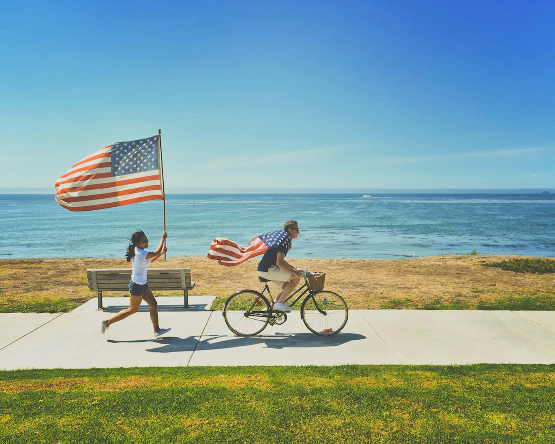 American flag, seaside path, clear blue sky, Full HD Desktop Wallpaper