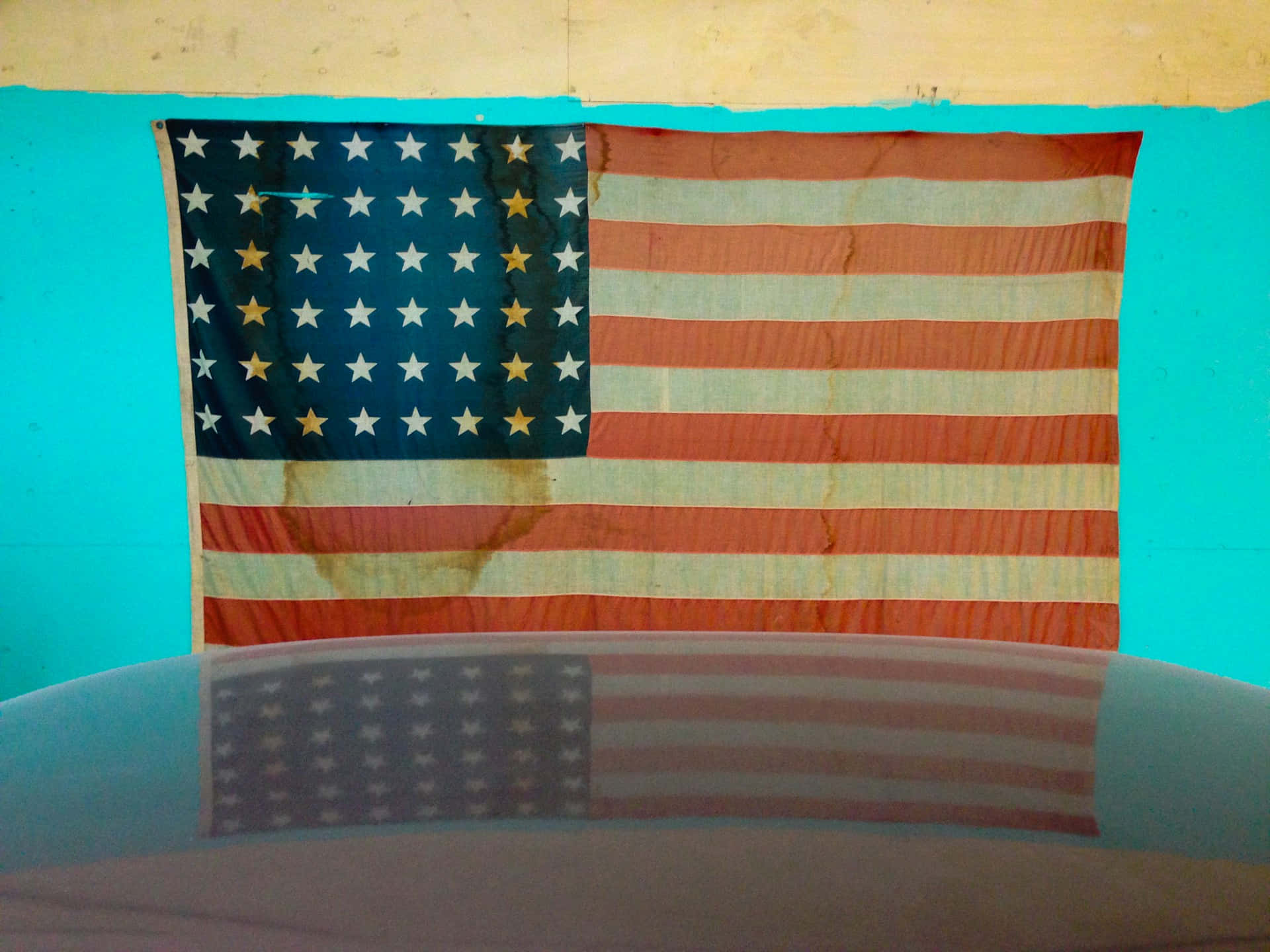 American Flag, turquoise wall, curved surface, Full HD Desktop Wallpaper
