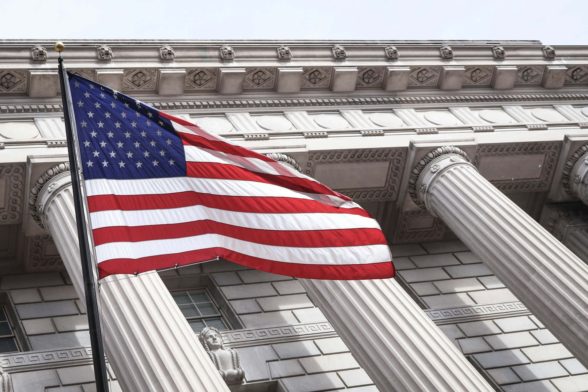 American Flag, neoclassical government building, tall columns, Full HD Desktop Wallpaper
